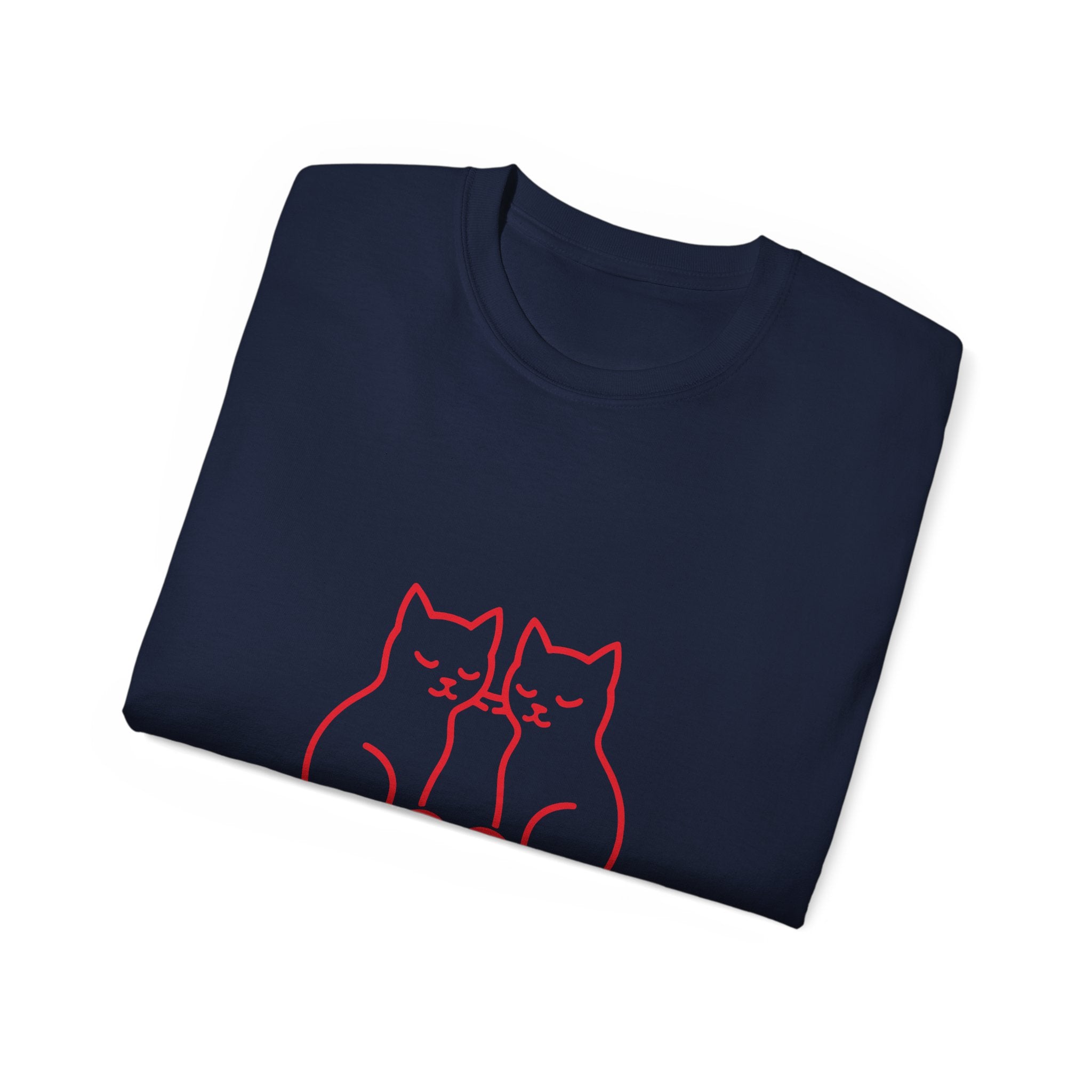 Cat Love T-Shirt — Red Line Art Twin Cats with Heart Graphic
