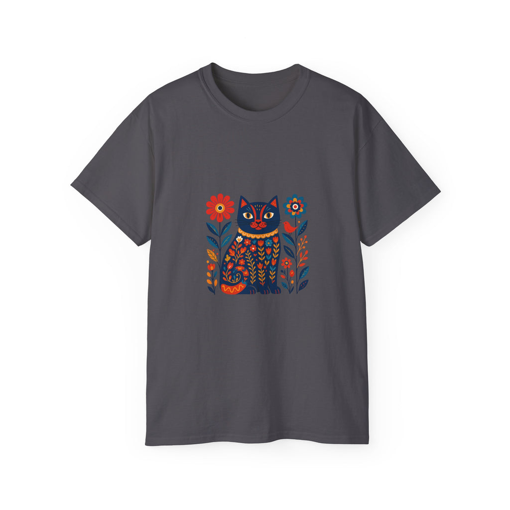 Folk Art Cat Tee — Colorful Floral Kitty Graphic T-Shirt