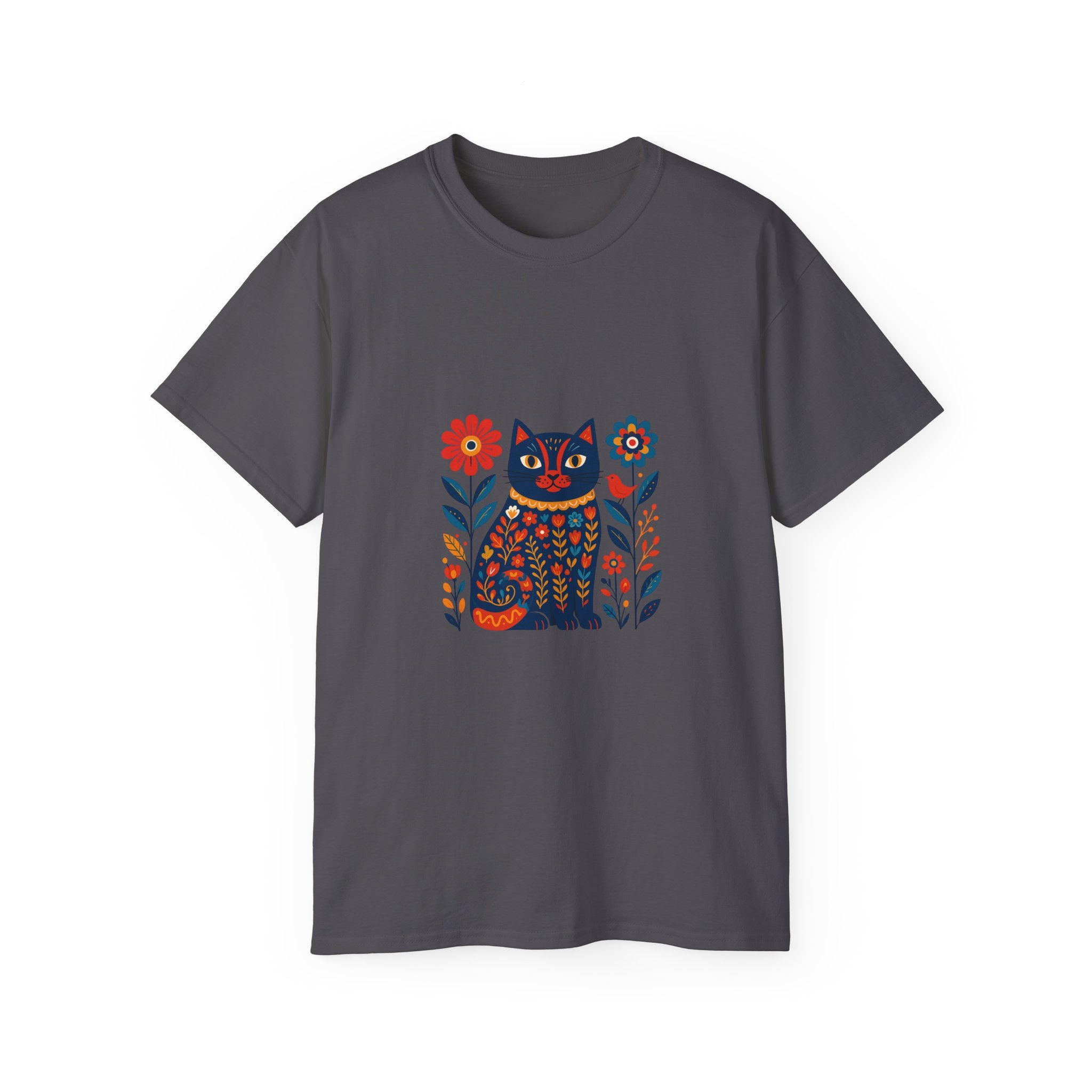Folk Art Cat Tee — Colorful Floral Kitty Graphic T-Shirt
