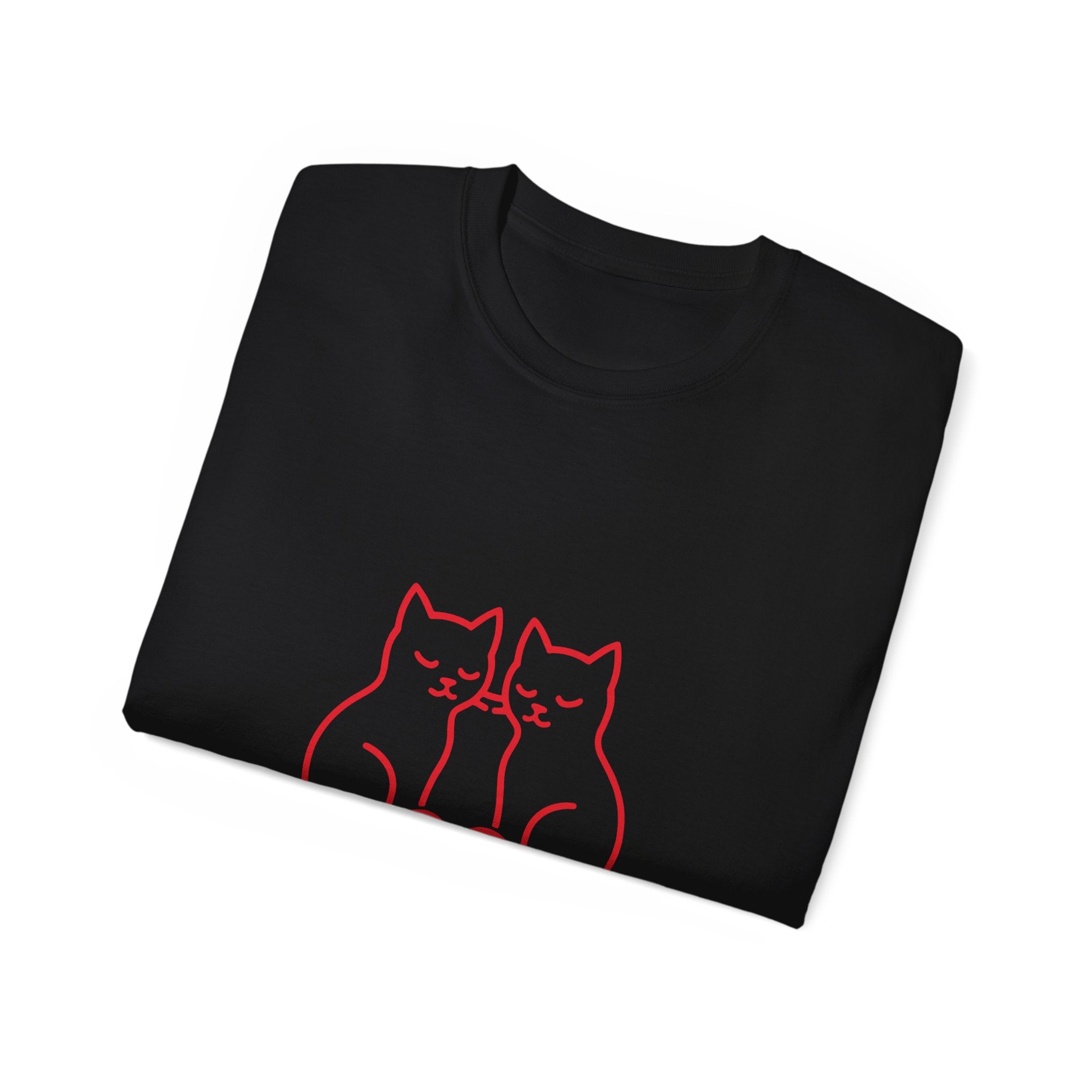 Cat Love T-Shirt — Red Line Art Twin Cats with Heart Graphic