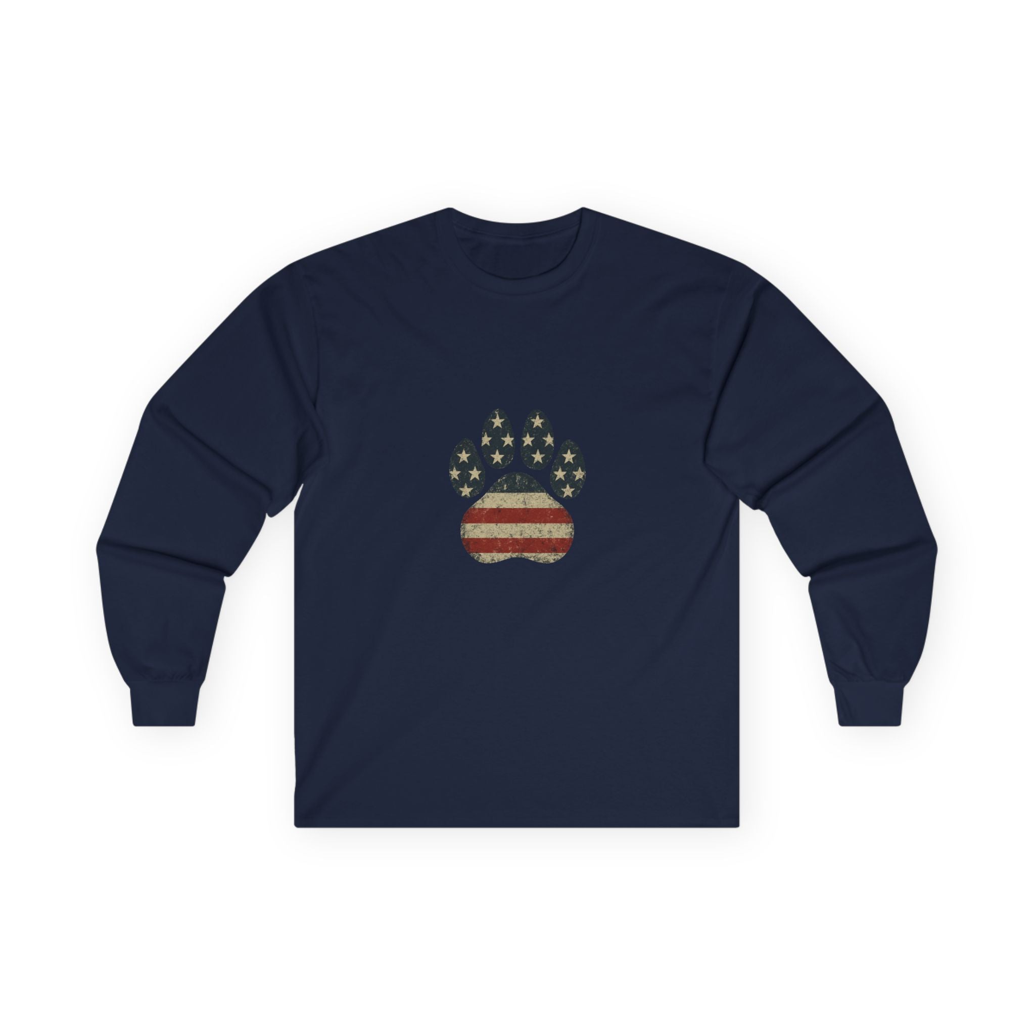 American Flag Paw Print Long Sleeve Tee — Patriotic Dog Lover Shirt
