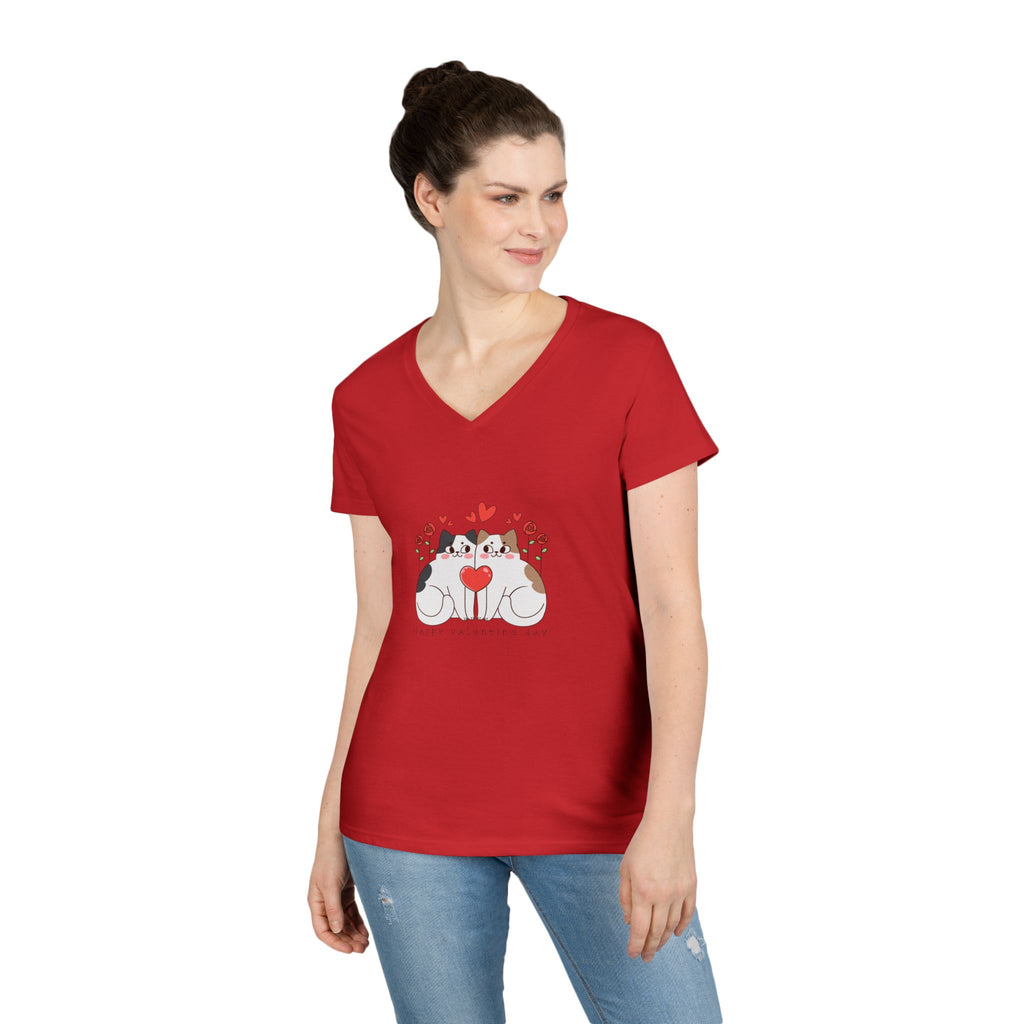 Cat Lover V-Neck T-Shirt – Two Cats & Heart Illustration, Cute Pet Mom Tee