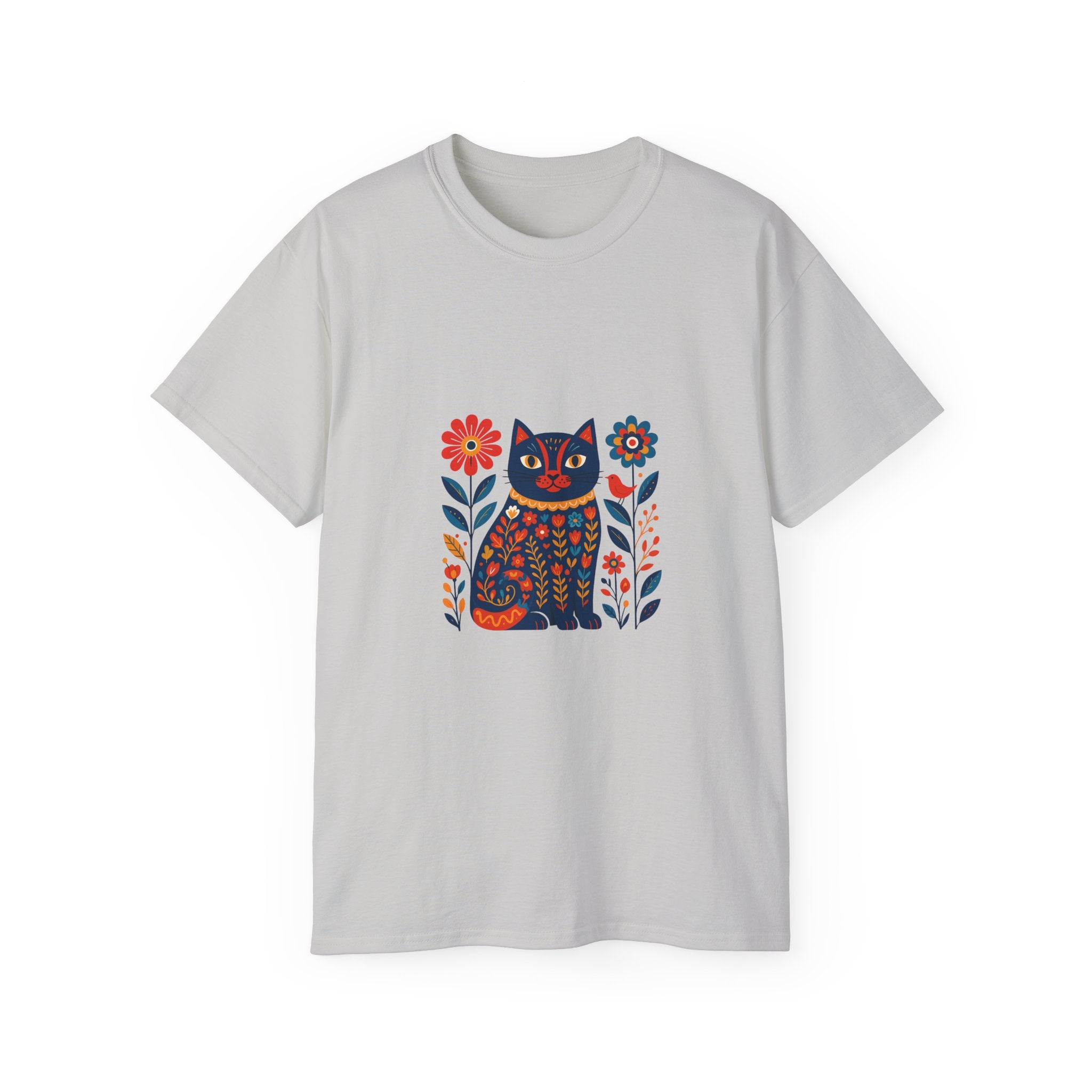 Folk Art Cat Tee — Colorful Floral Kitty Graphic T-Shirt