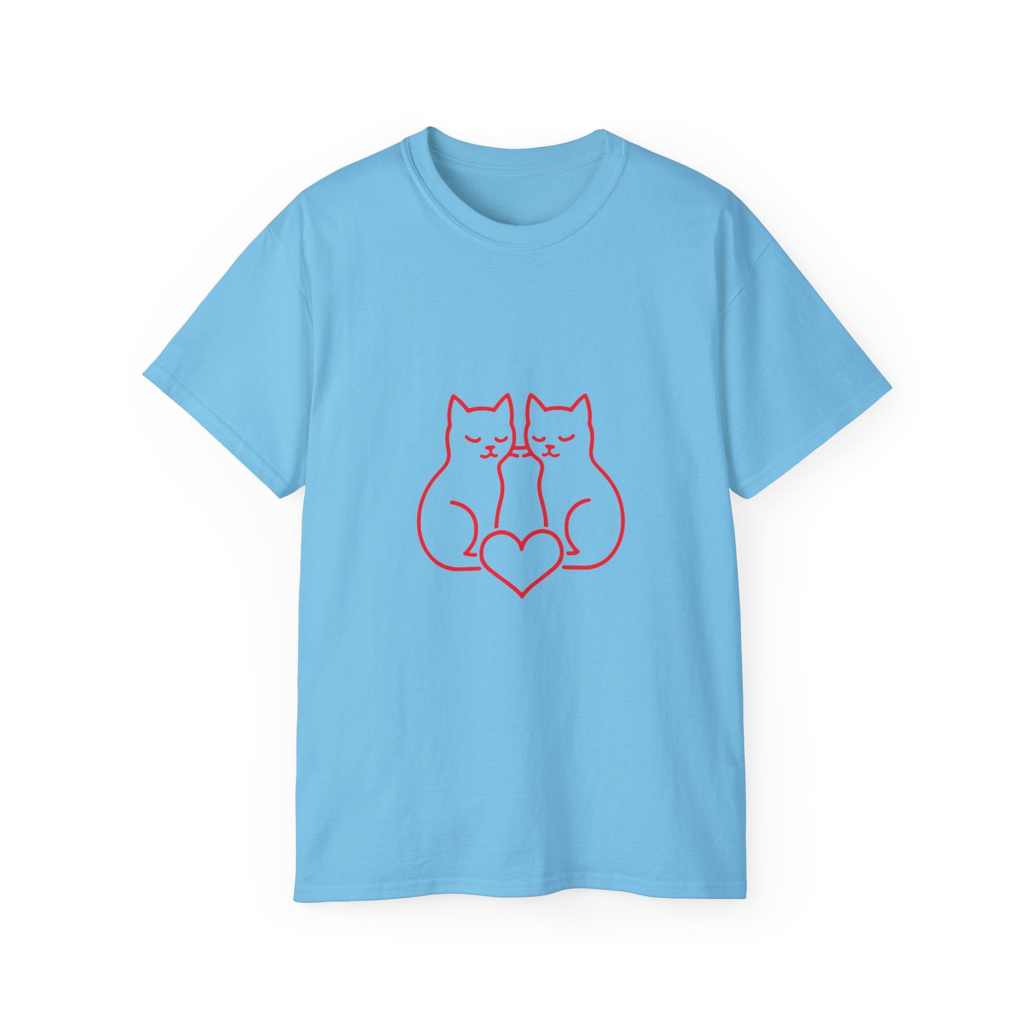 Cat Love T-Shirt — Red Line Art Twin Cats with Heart Graphic