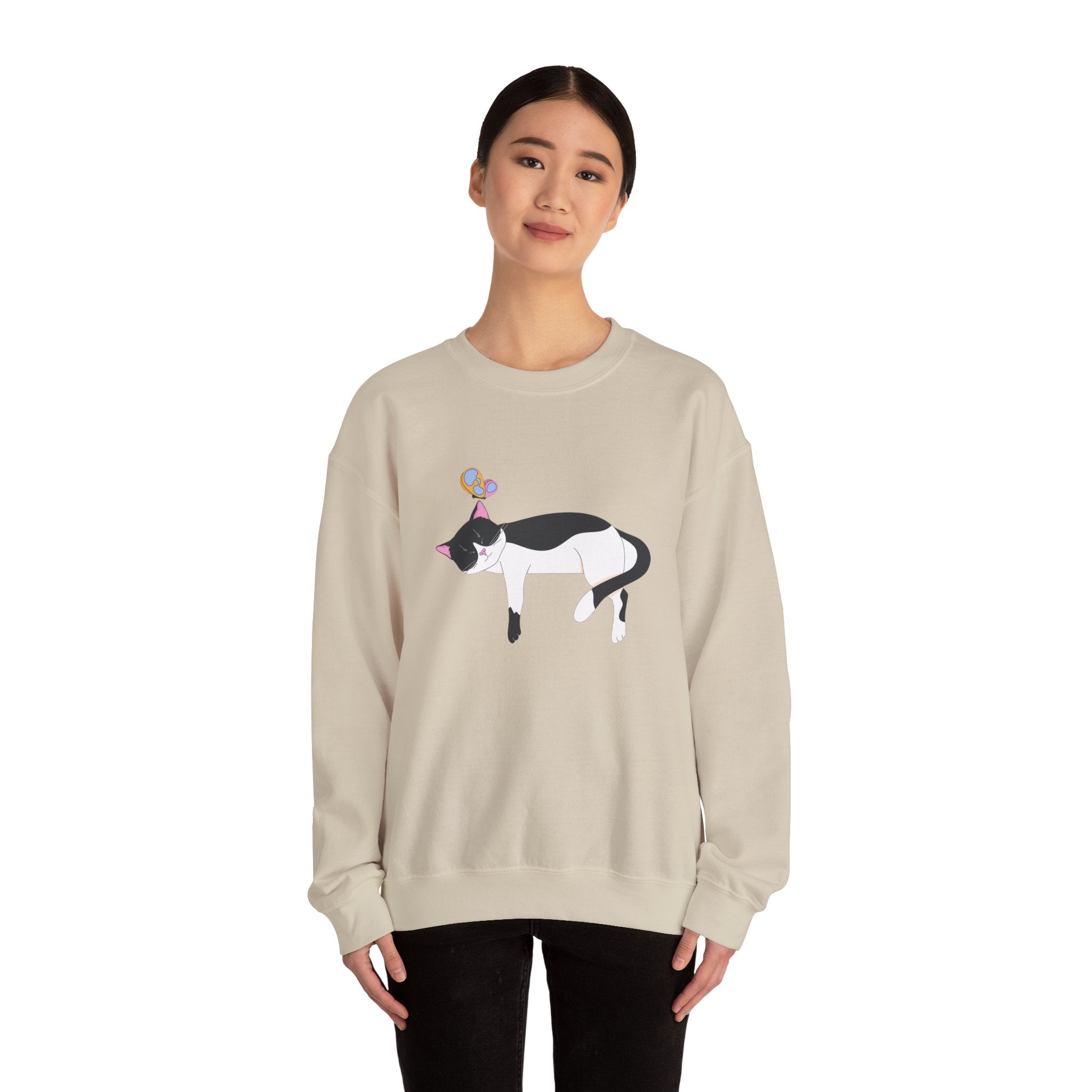 Cat Nap Crewneck Sweatshirt — Sleeping Black & White Cat with Balloons
