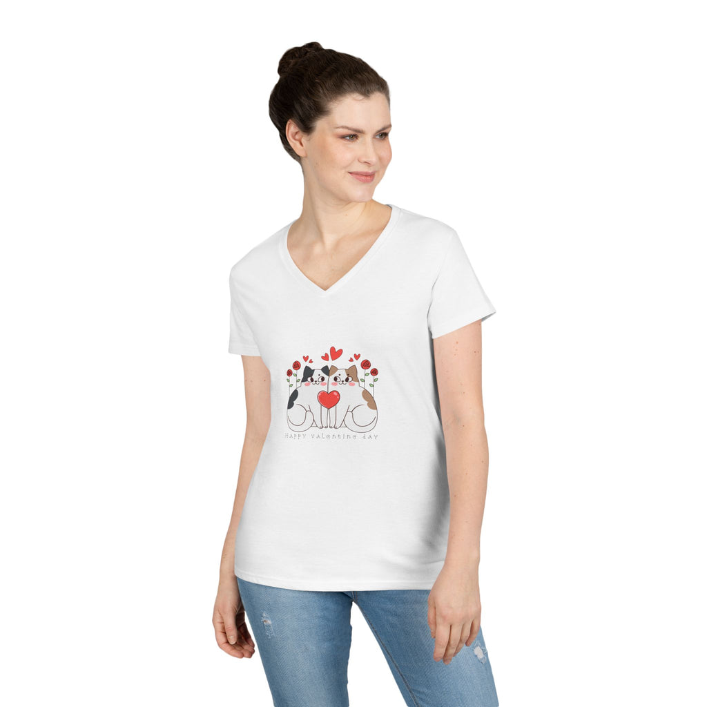 Cat Lover V-Neck T-Shirt – Two Cats & Heart Illustration, Cute Pet Mom Tee