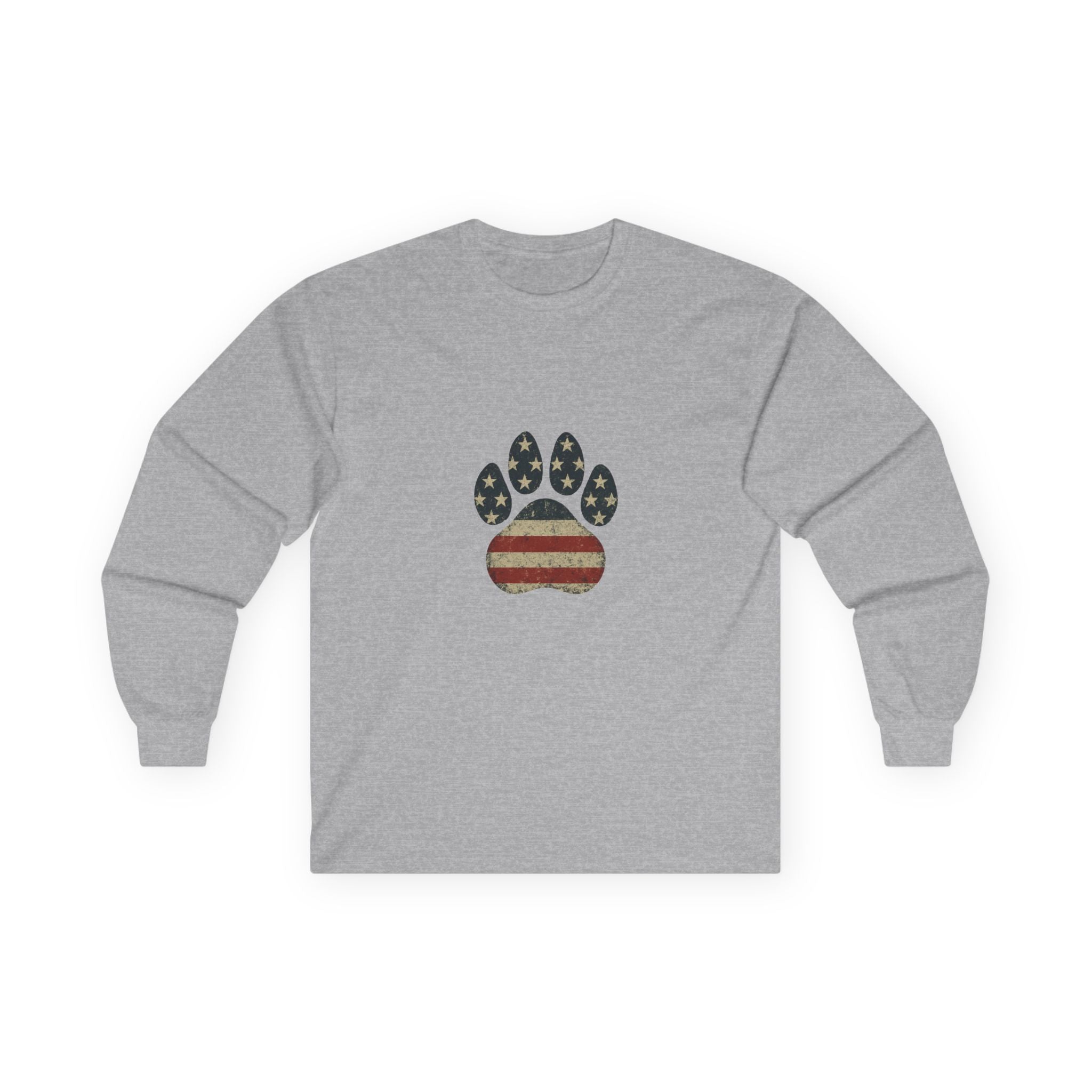 American Flag Paw Print Long Sleeve Tee — Patriotic Dog Lover Shirt