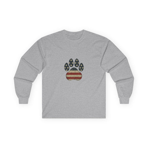 American Flag Paw Print Long Sleeve Tee — Patriotic Dog Lover Shirt