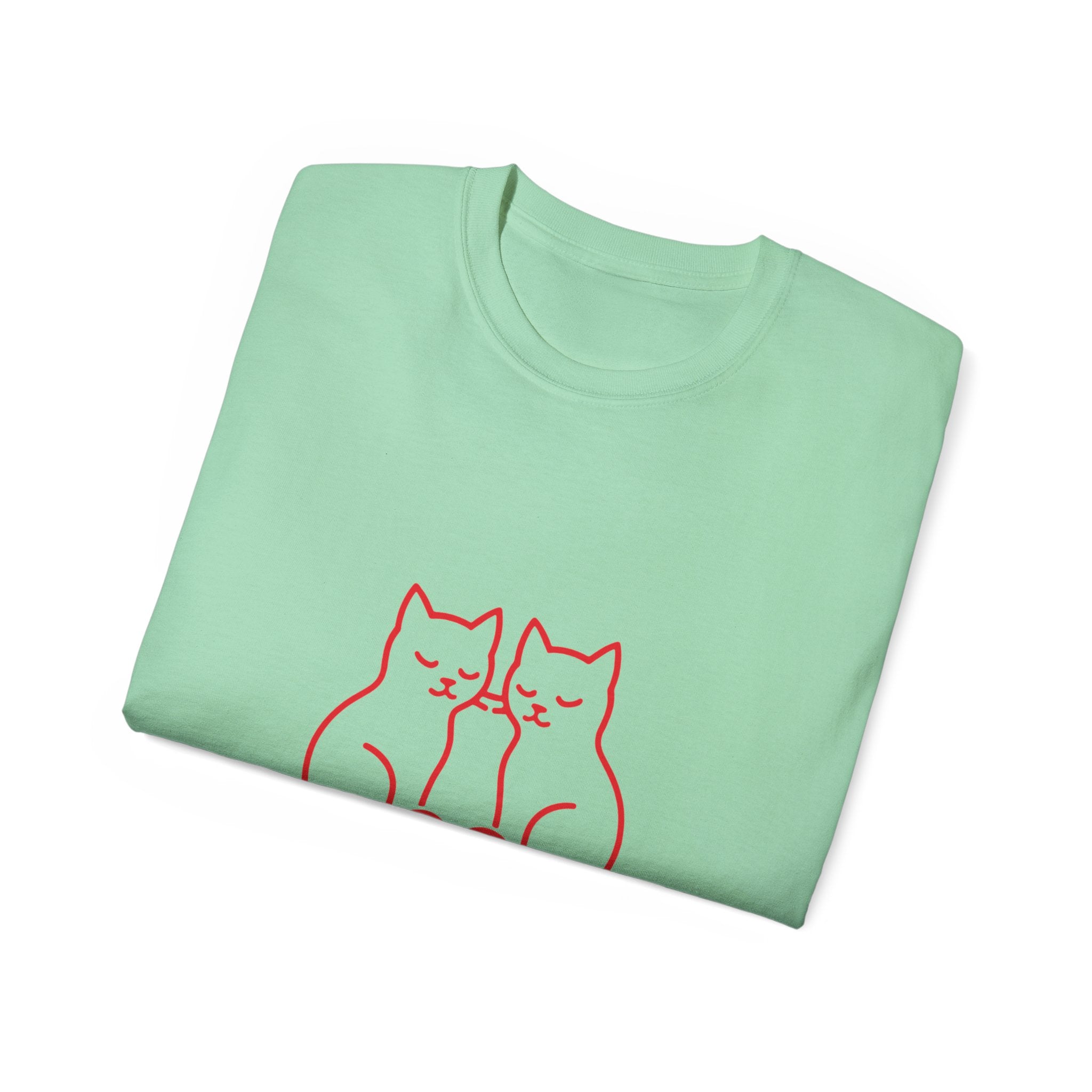 Cat Love T-Shirt — Red Line Art Twin Cats with Heart Graphic