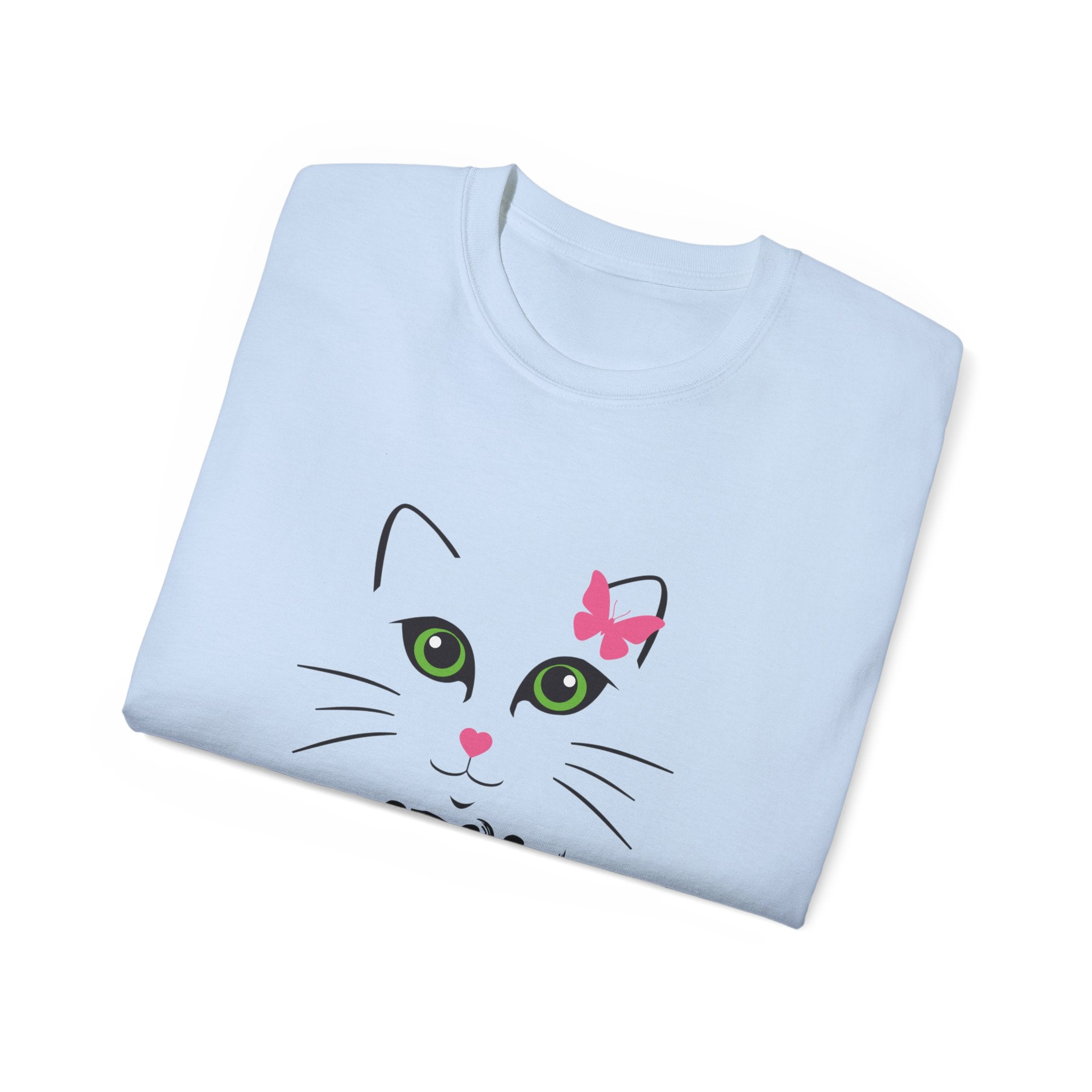 Meow Cat Face T-Shirt — Cute Kitty Graphic Tee with Pink Bow