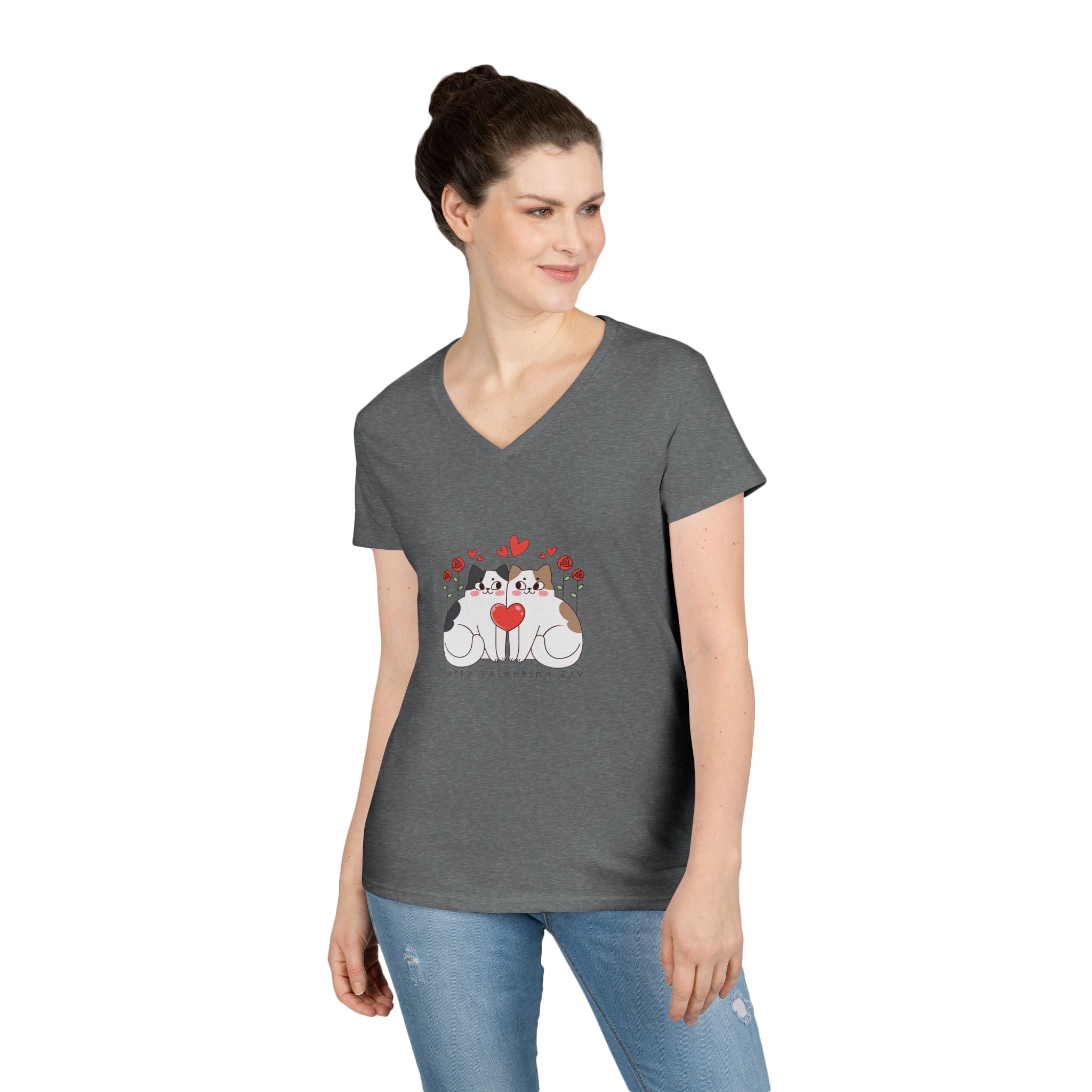 Cat Lover V-Neck T-Shirt – Two Cats & Heart Illustration, Cute Pet Mom Tee