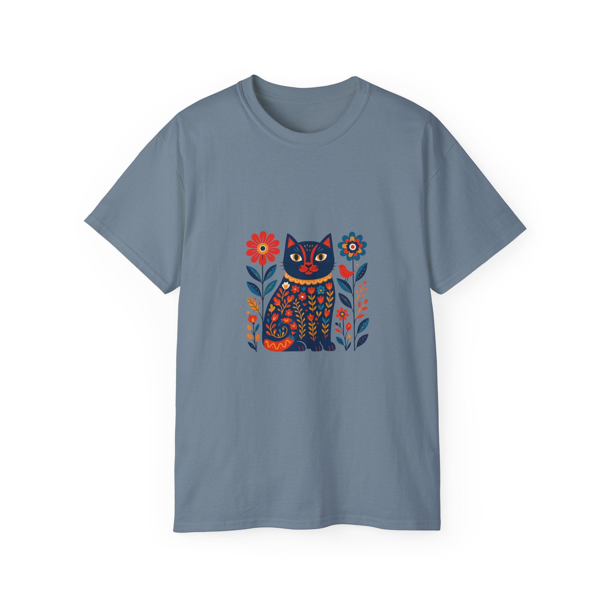 Folk Art Cat Tee — Colorful Floral Kitty Graphic T-Shirt
