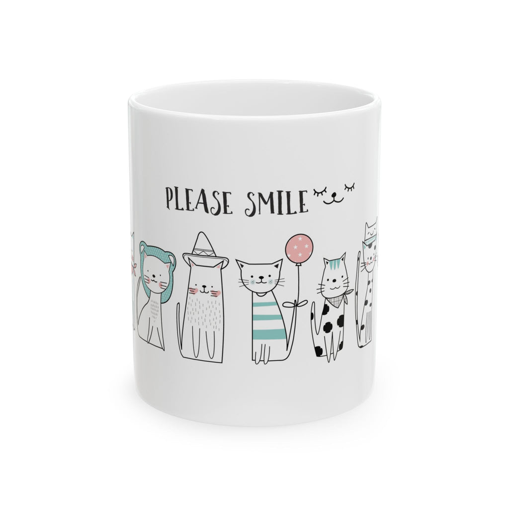 Please Smile Cat Mug — Cute Illustrated Cats Ceramic Coffee Cup (11oz, 15oz)