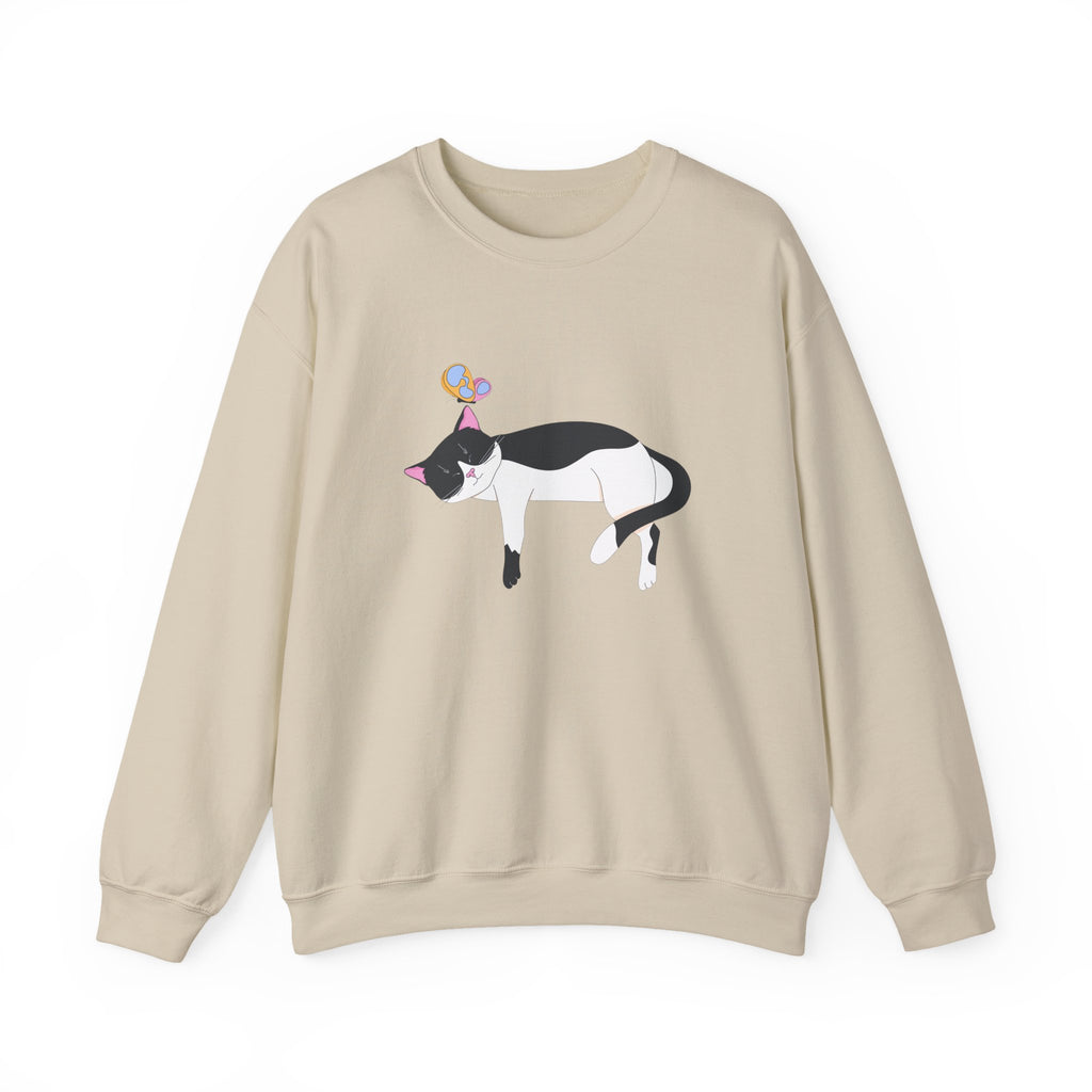 Cat Nap Crewneck Sweatshirt — Sleeping Black & White Cat with Balloons