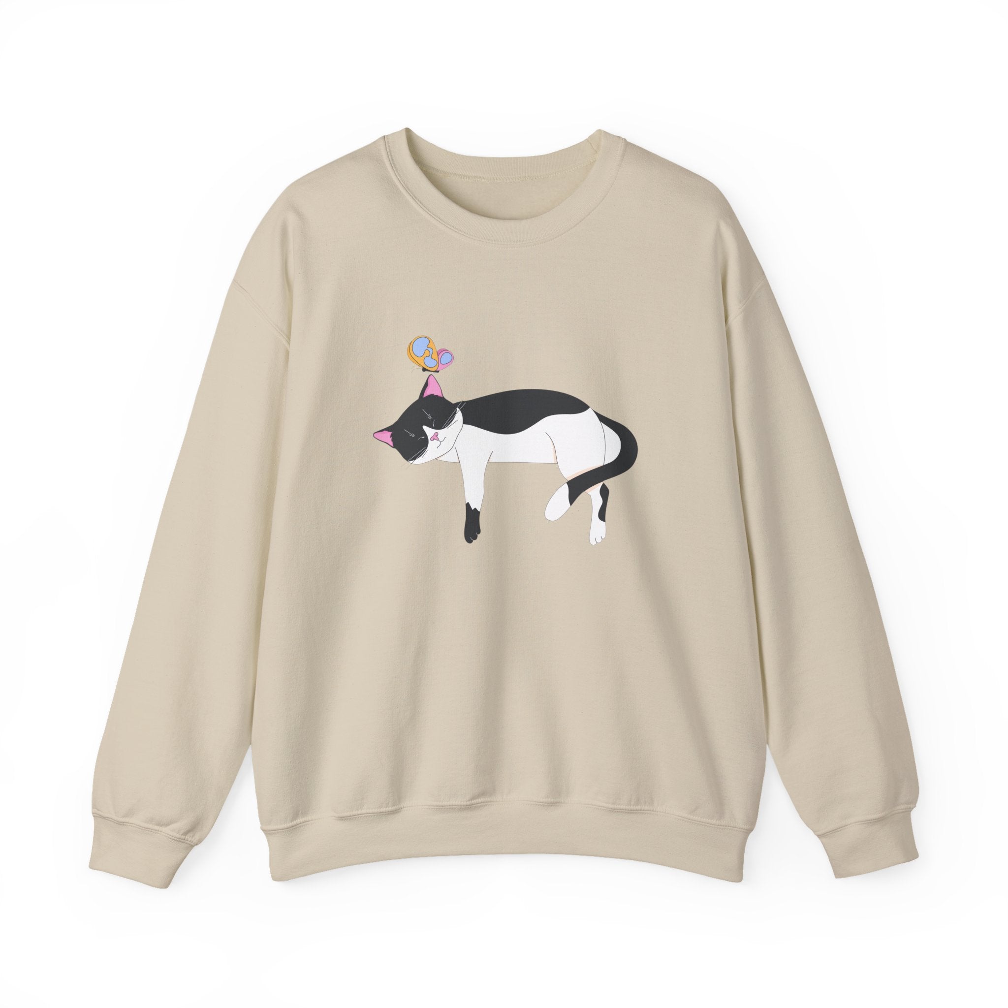 Cat Nap Crewneck Sweatshirt — Sleeping Black & White Cat with Balloons