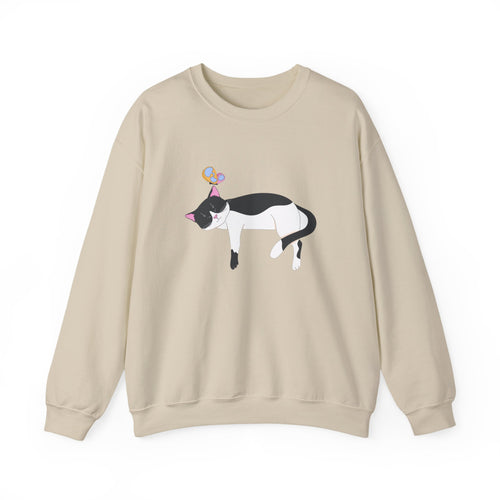 Cat Nap Crewneck Sweatshirt — Sleeping Black & White Cat with Balloons