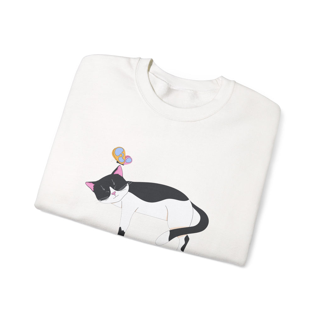 Cat Nap Crewneck Sweatshirt — Sleeping Black & White Cat with Balloons