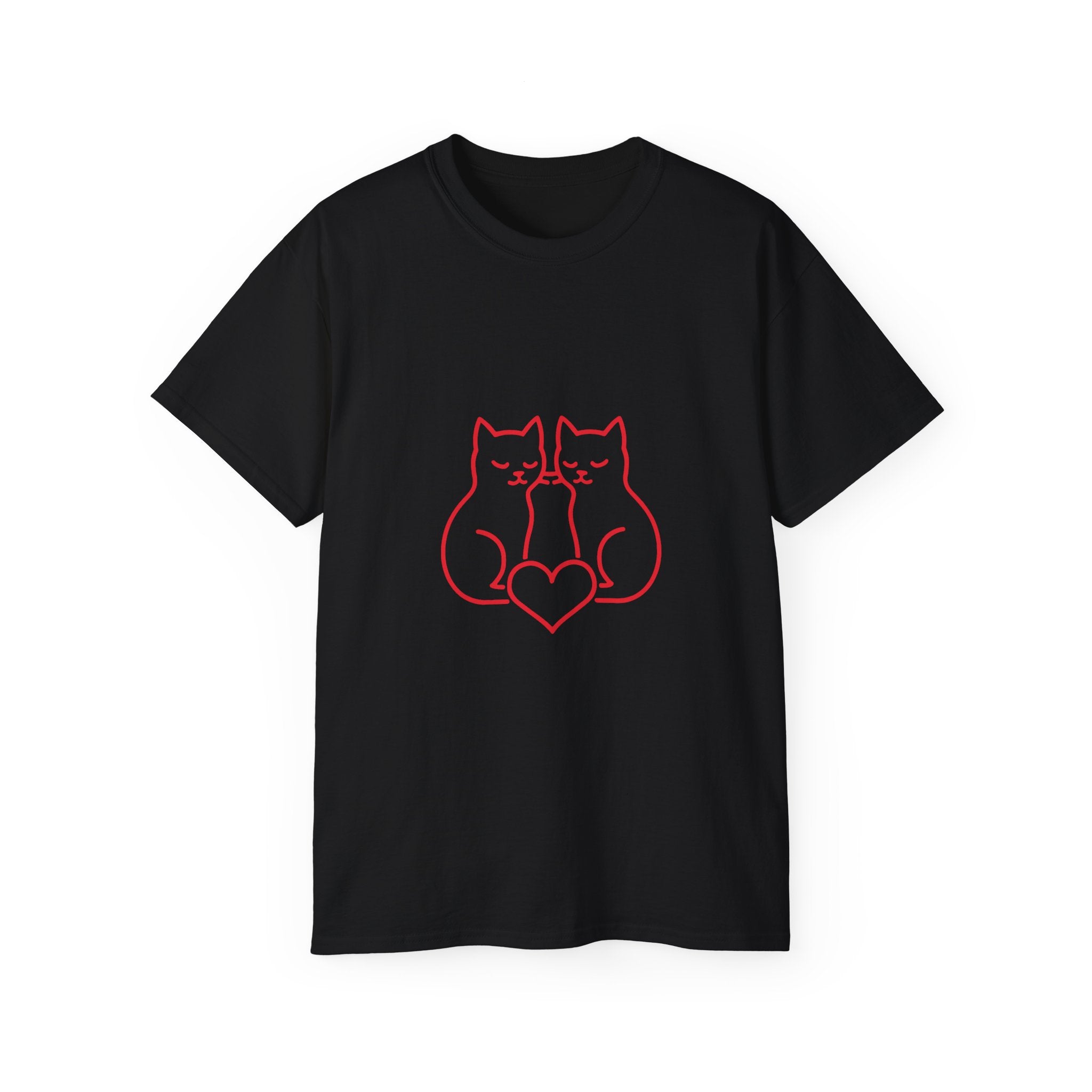 Cat Love T-Shirt — Red Line Art Twin Cats with Heart Graphic