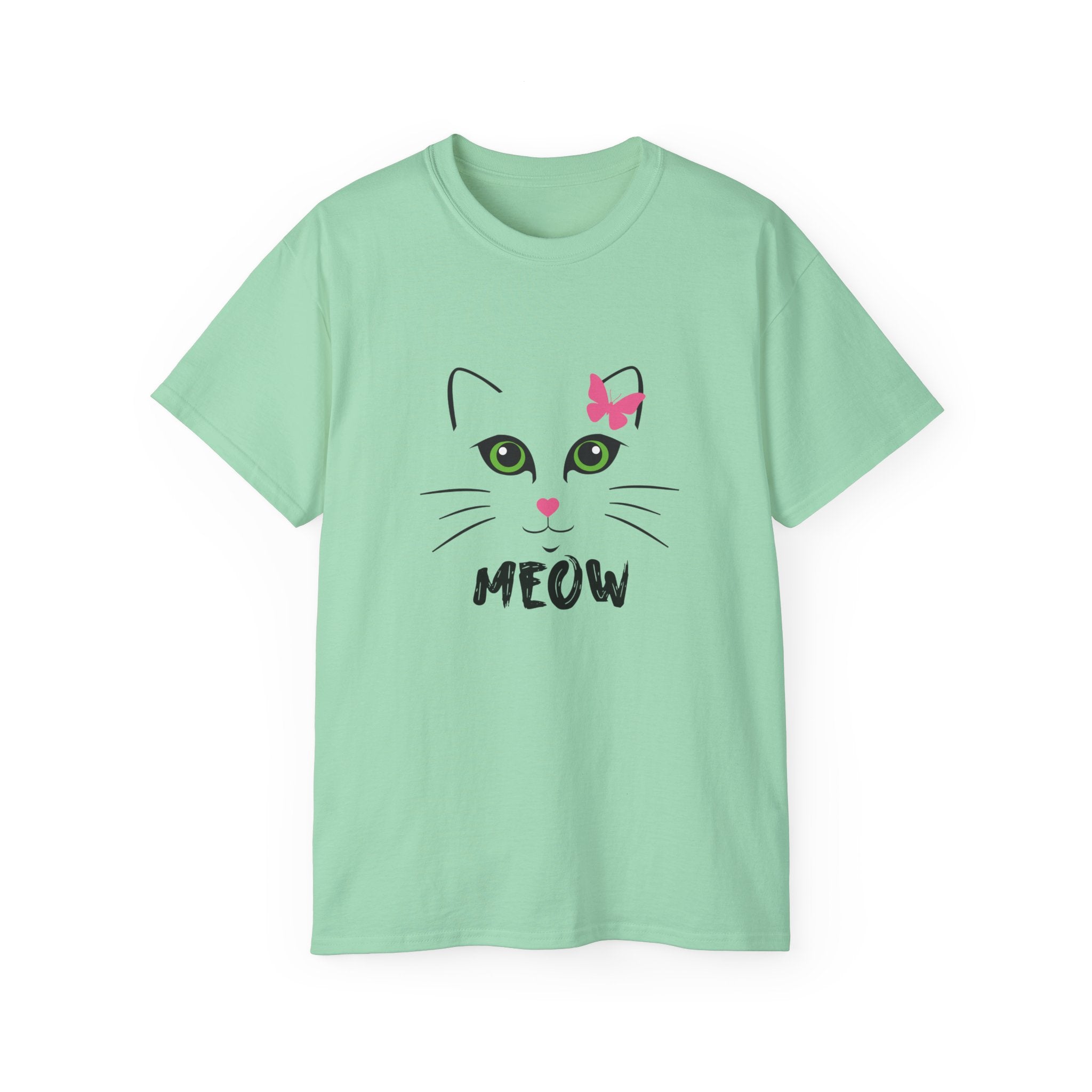 Meow Cat Face T-Shirt — Cute Kitty Graphic Tee with Pink Bow