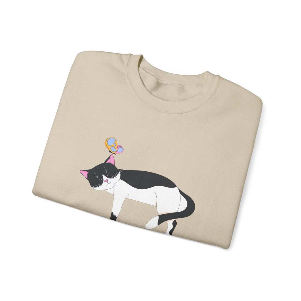 Cat Nap Crewneck Sweatshirt — Sleeping Black & White Cat with Balloons