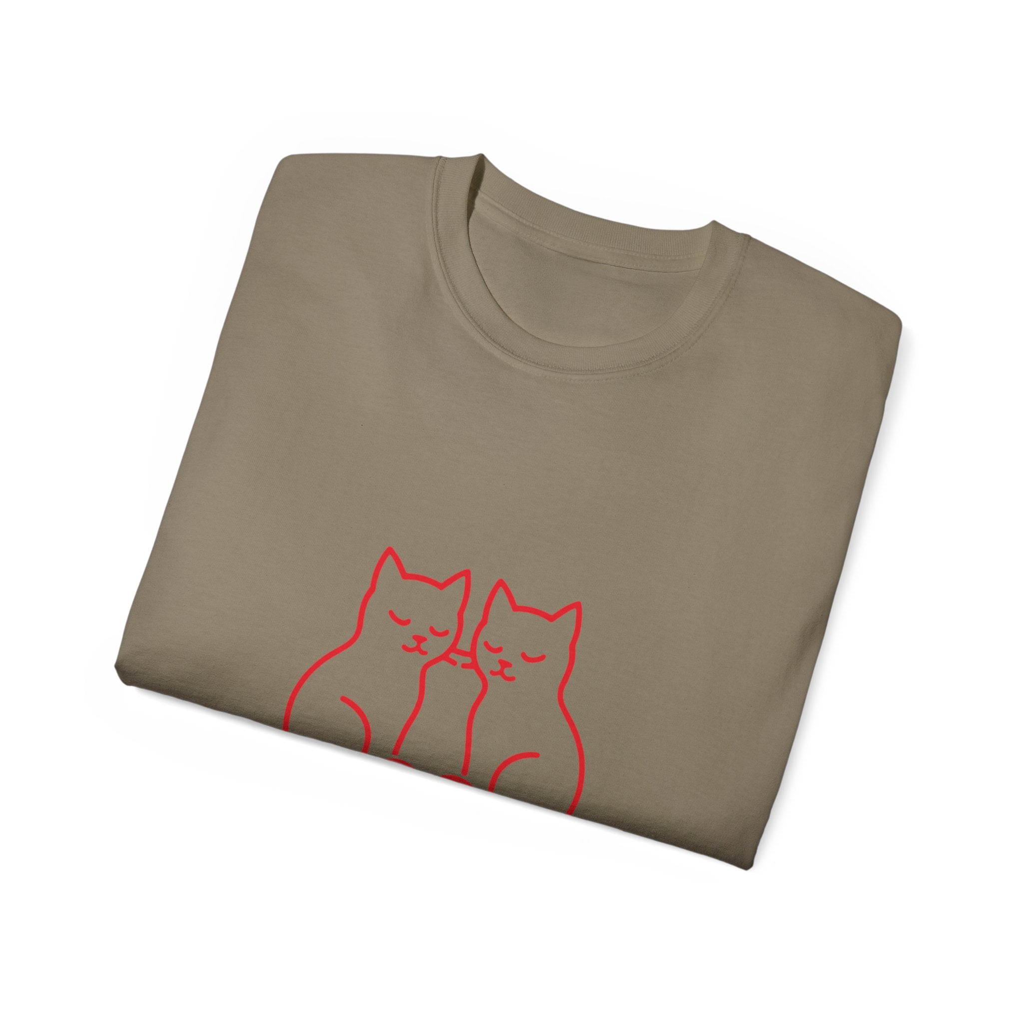 Cat Love T-Shirt — Red Line Art Twin Cats with Heart Graphic