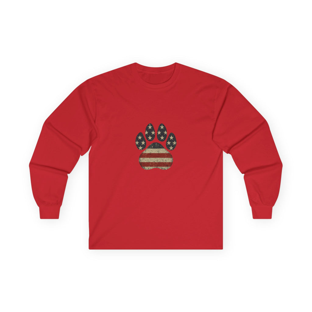 American Flag Paw Print Long Sleeve Tee — Patriotic Dog Lover Shirt