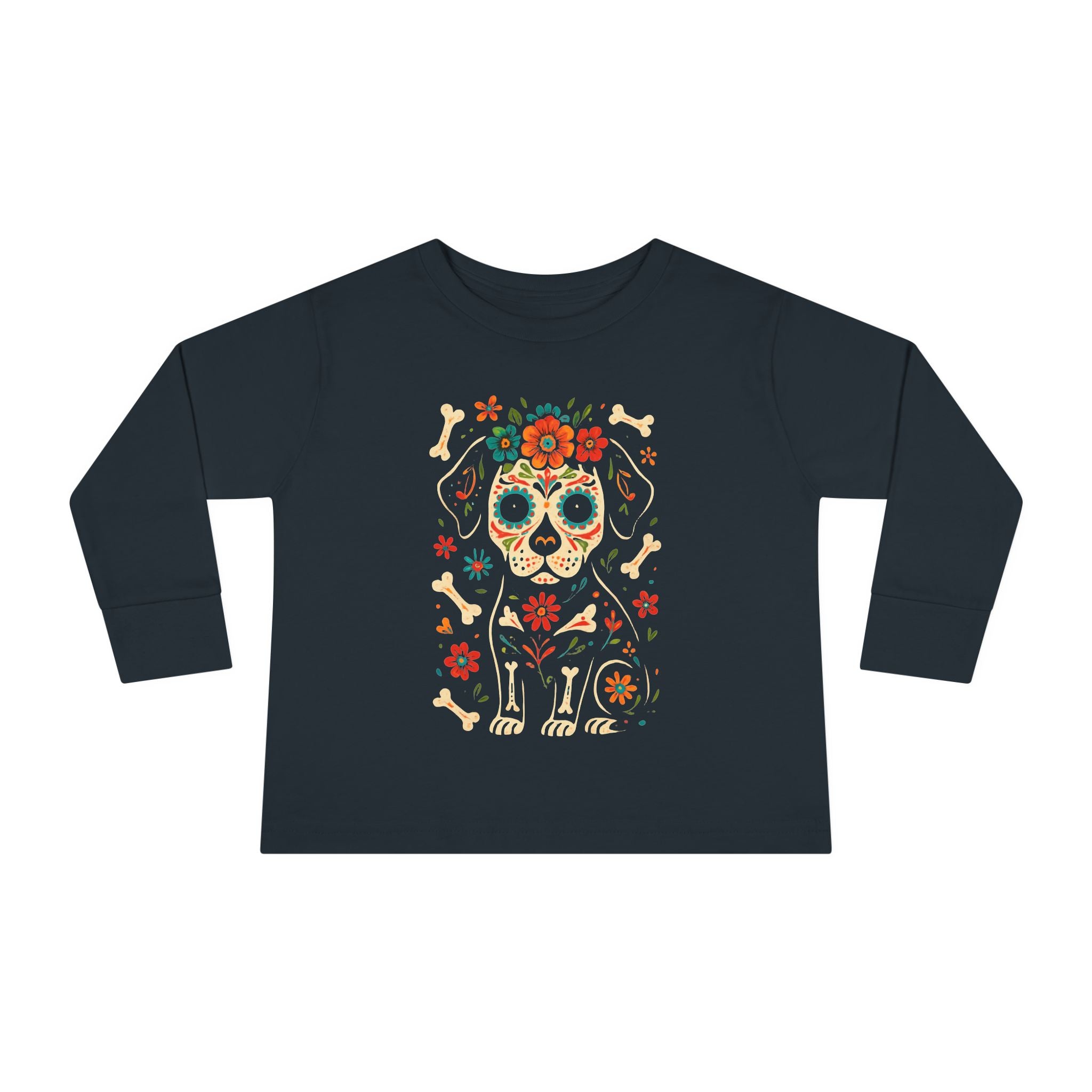 Toddler Long Sleeve Dog Tee - Colorful Sugar Skull Day of the Dead Kids Shirt