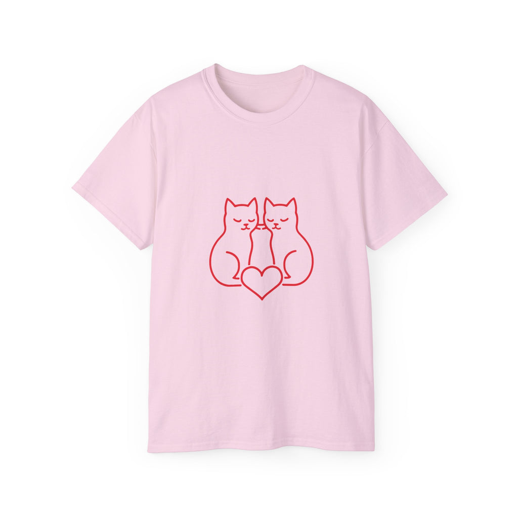 Cat Love T-Shirt — Red Line Art Twin Cats with Heart Graphic