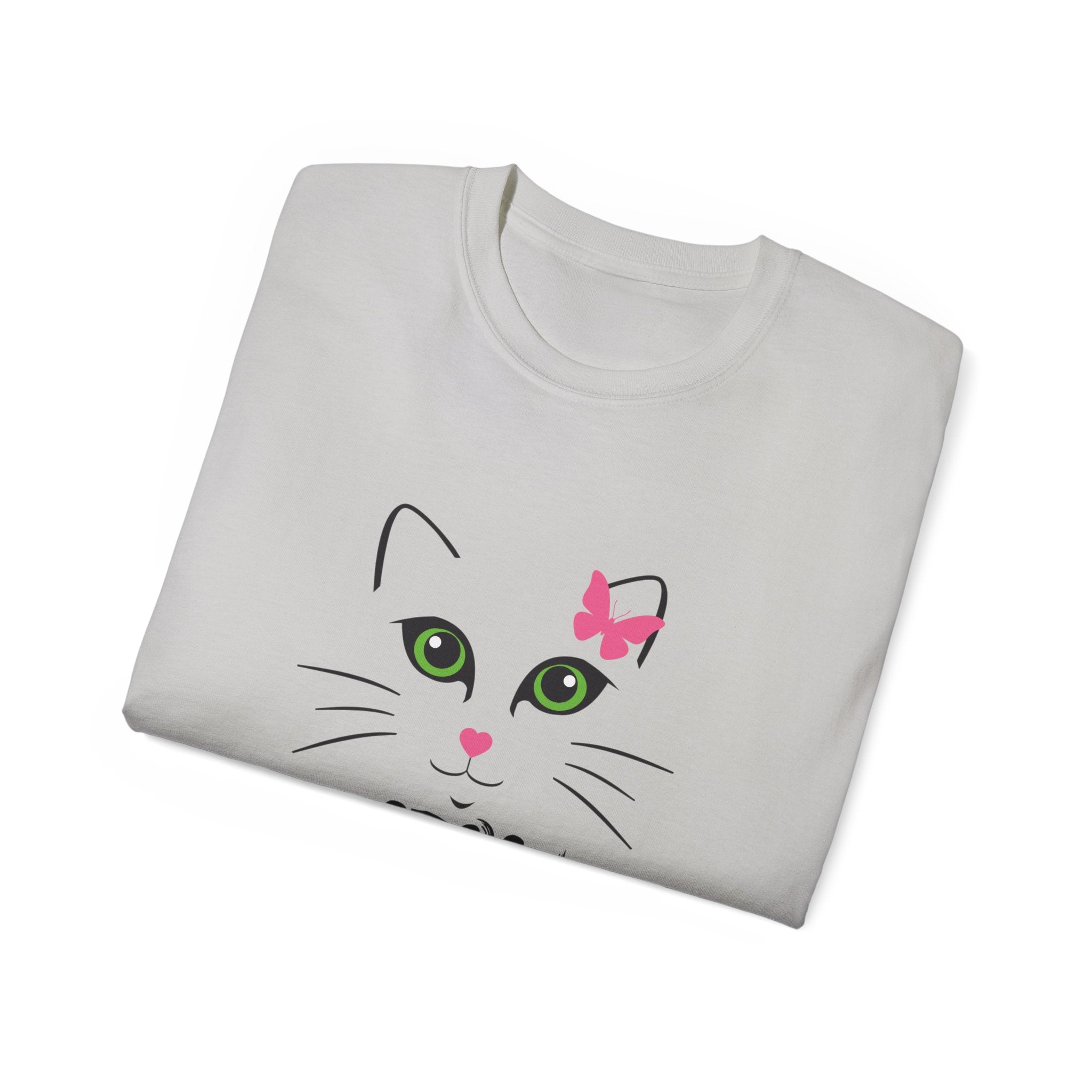 Meow Cat Face T-Shirt — Cute Kitty Graphic Tee with Pink Bow