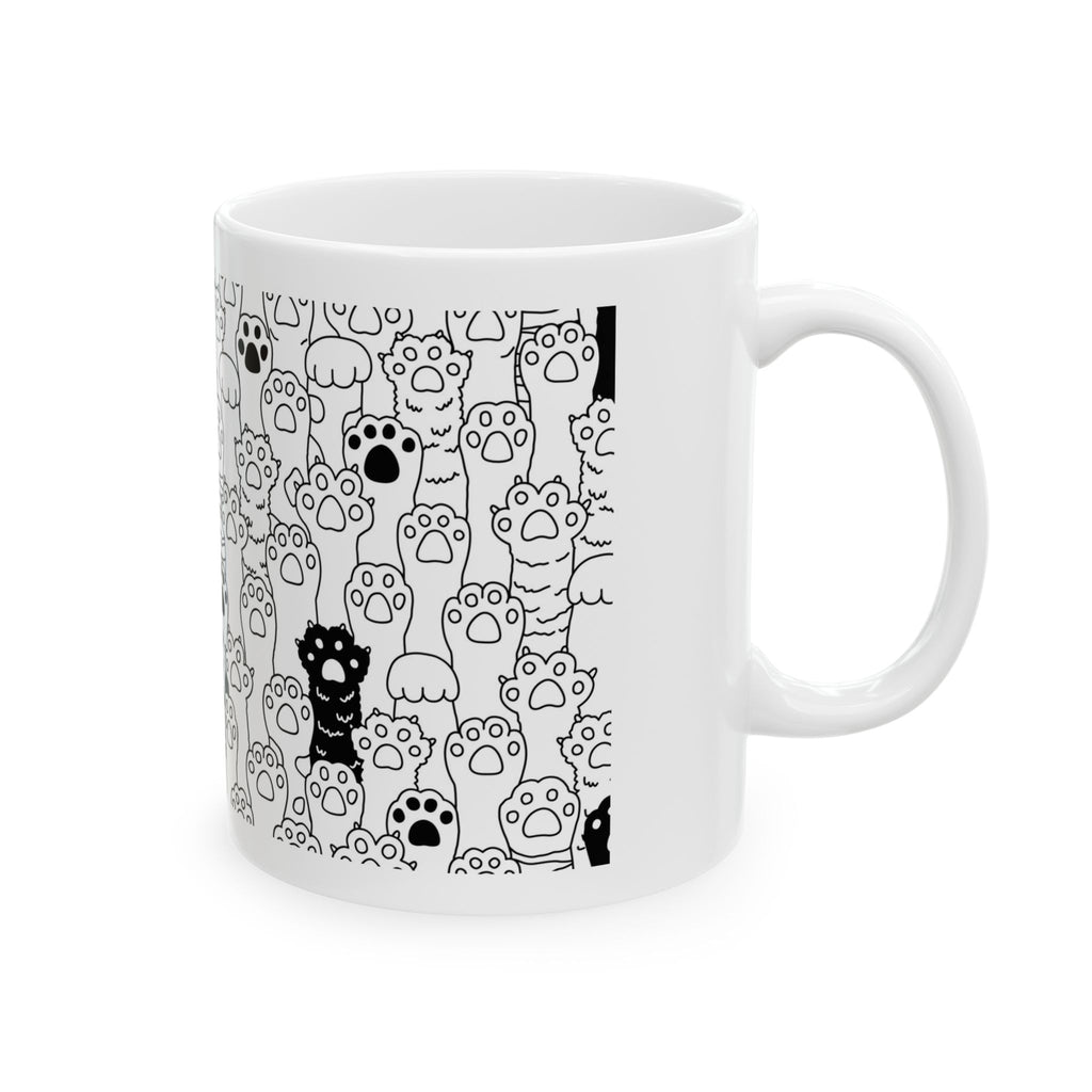 Cat Paw Pattern Ceramic Mug — Cute Black & White Kitty Paws Coffee Cup (11oz, 15oz)