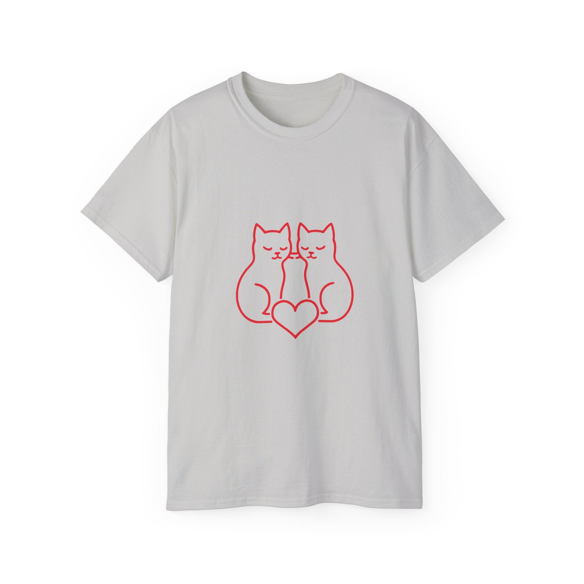 Cat Love T-Shirt — Red Line Art Twin Cats with Heart Graphic