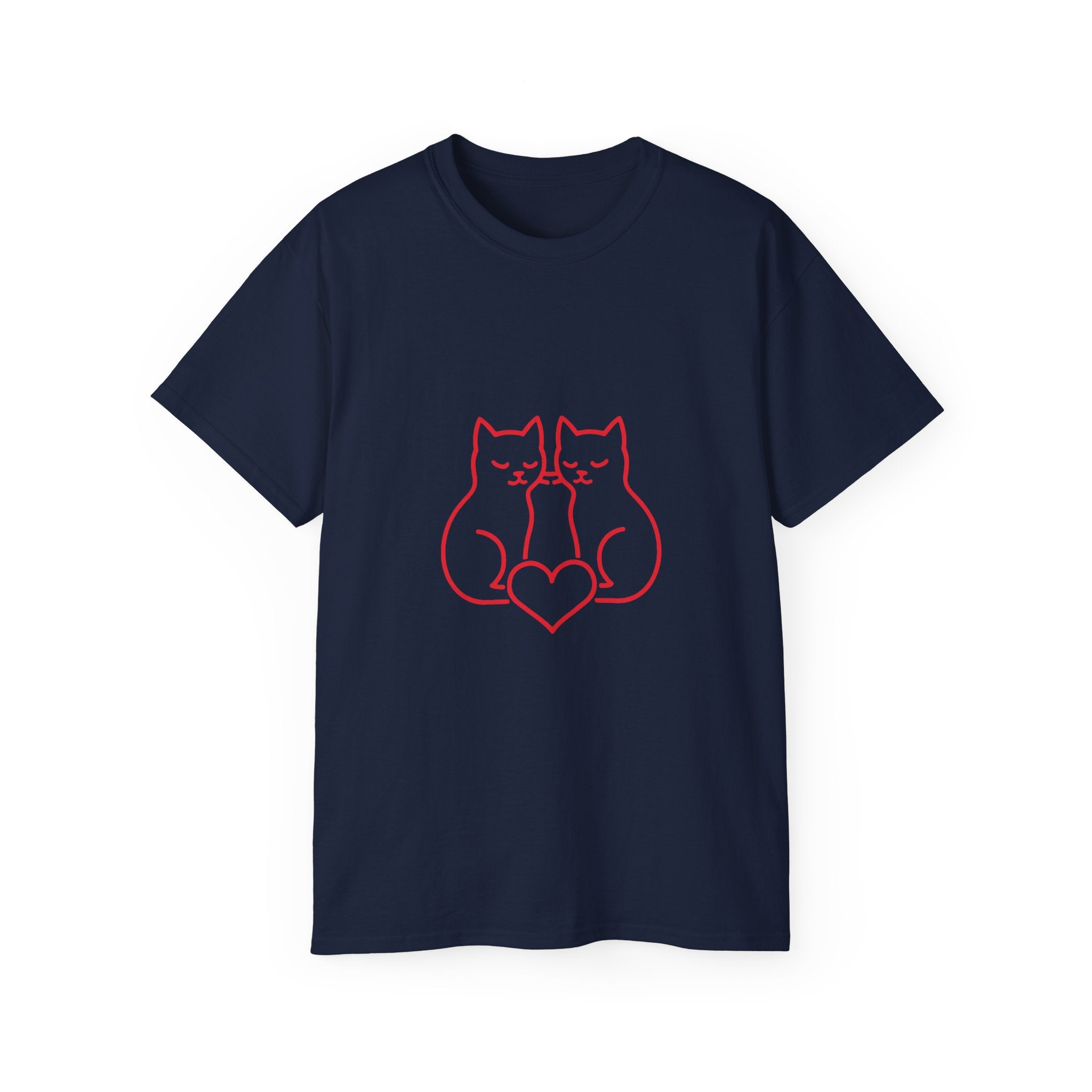 Cat Love T-Shirt — Red Line Art Twin Cats with Heart Graphic