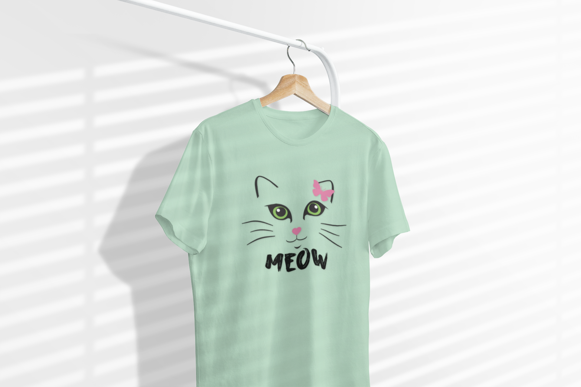 Meow Cat Face T-Shirt — Cute Kitty Graphic Tee with Pink Bow