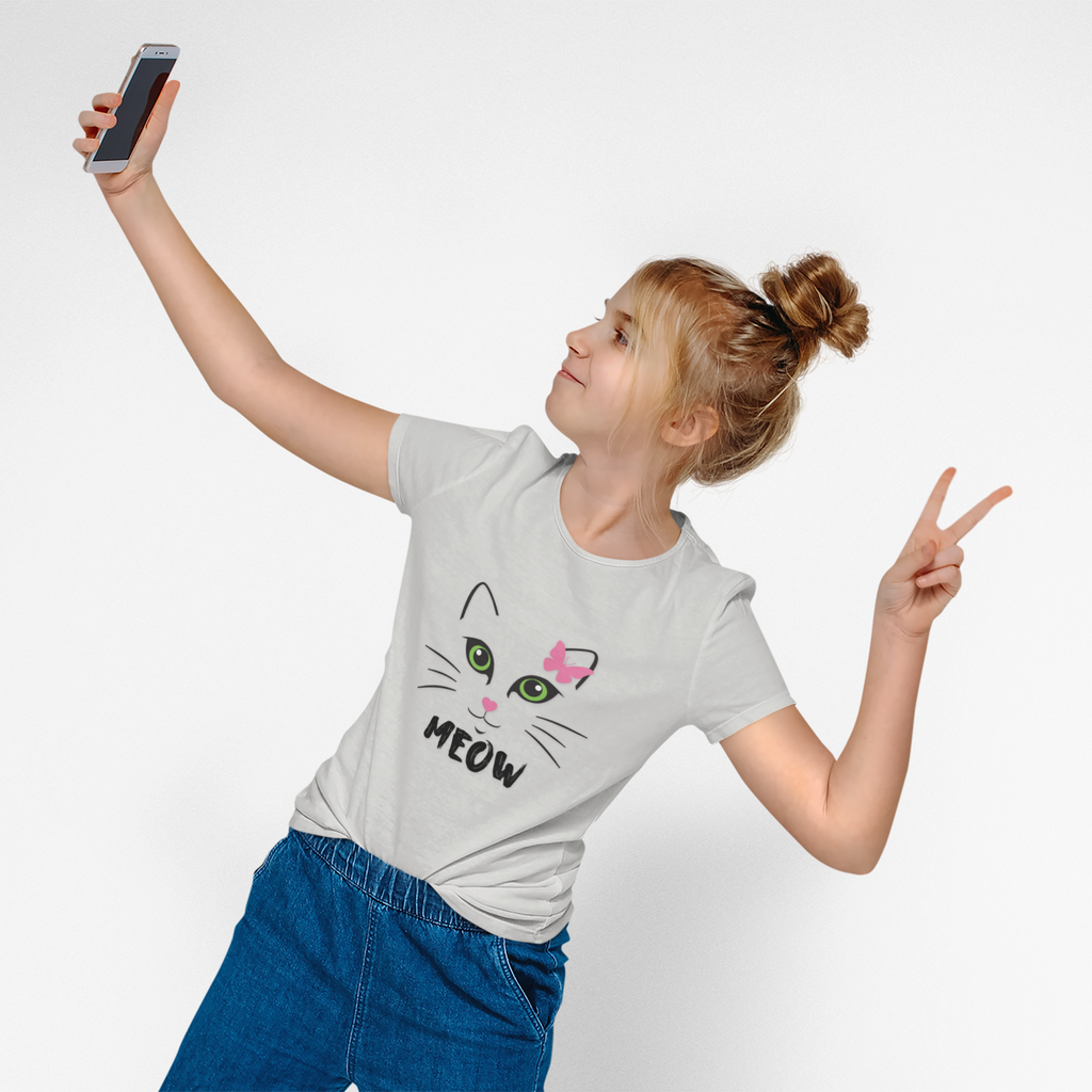 Meow Cat Face T-Shirt — Cute Kitty Graphic Tee with Pink Bow