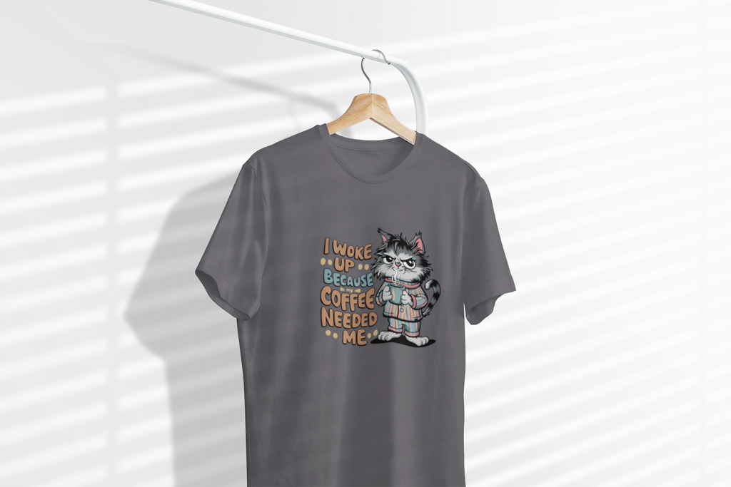 Cat Coffee T-Shirt — "I Woke Up Because Coffee Needed Me" Cute Cat Tee