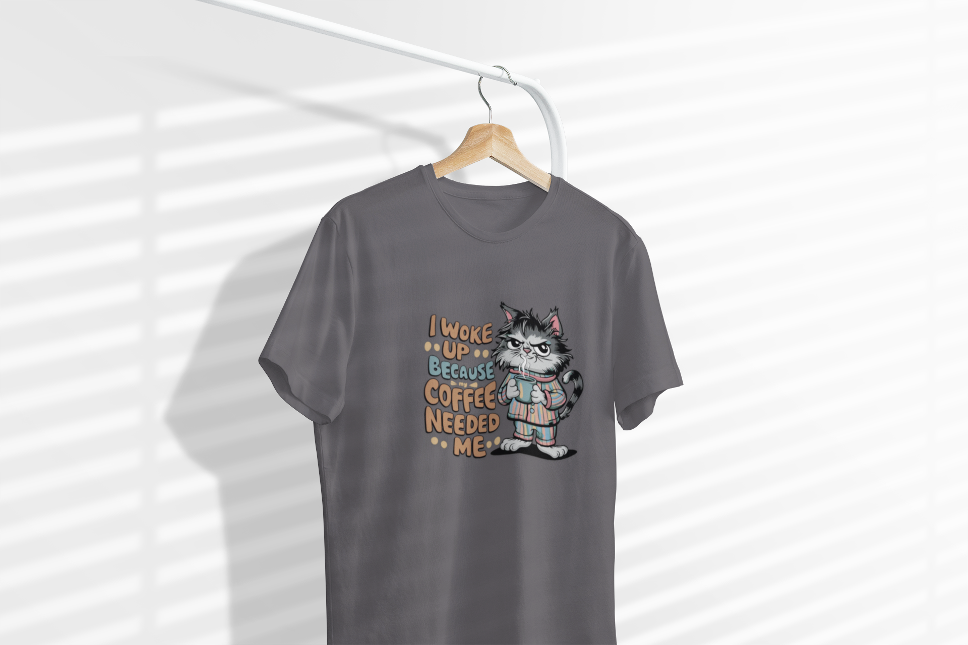 Cat Coffee T-Shirt — "I Woke Up Because Coffee Needed Me" Cute Cat Tee