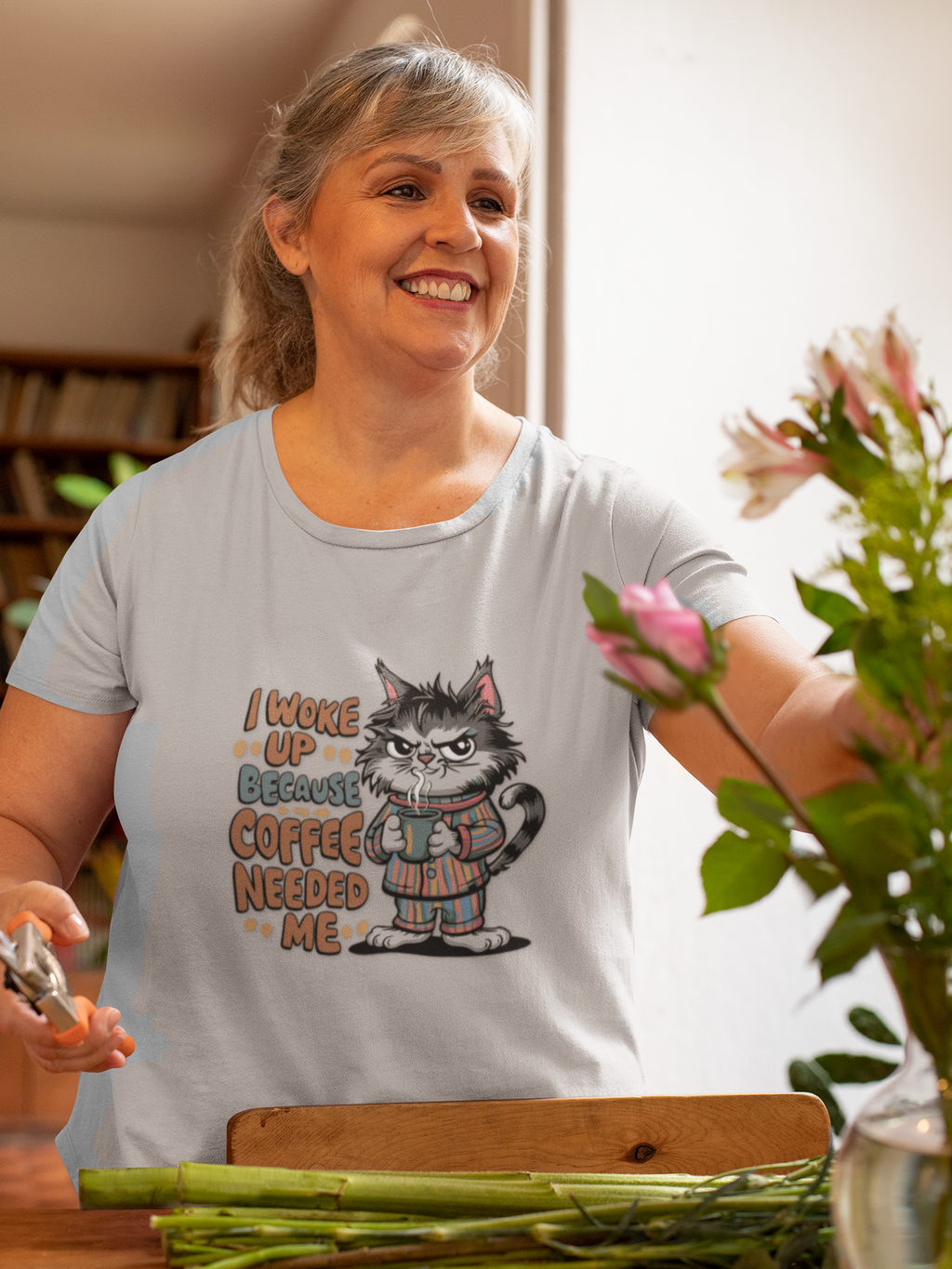 Cat Coffee T-Shirt — "I Woke Up Because Coffee Needed Me" Cute Cat Tee