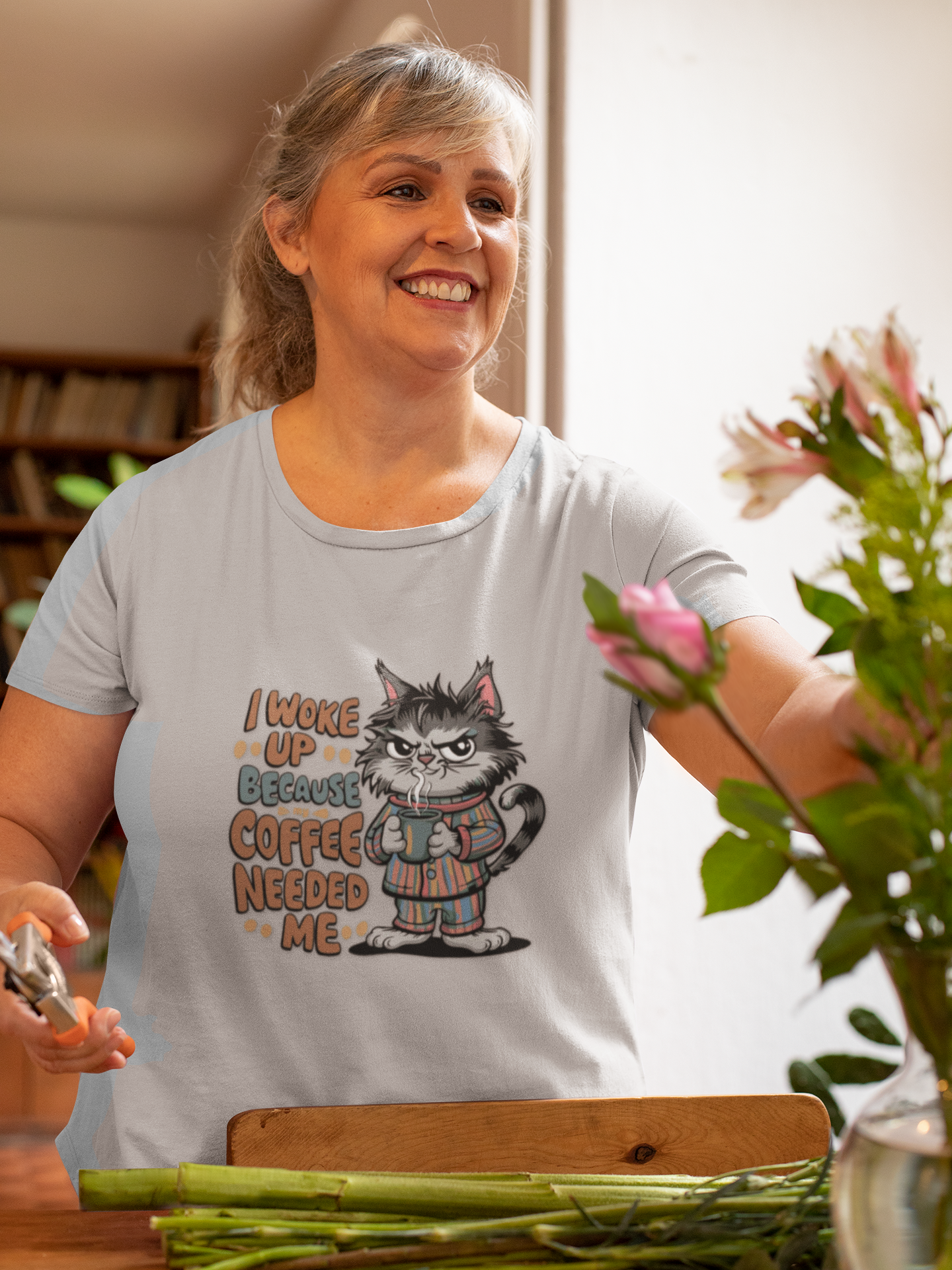Cat Coffee T-Shirt — "I Woke Up Because Coffee Needed Me" Cute Cat Tee