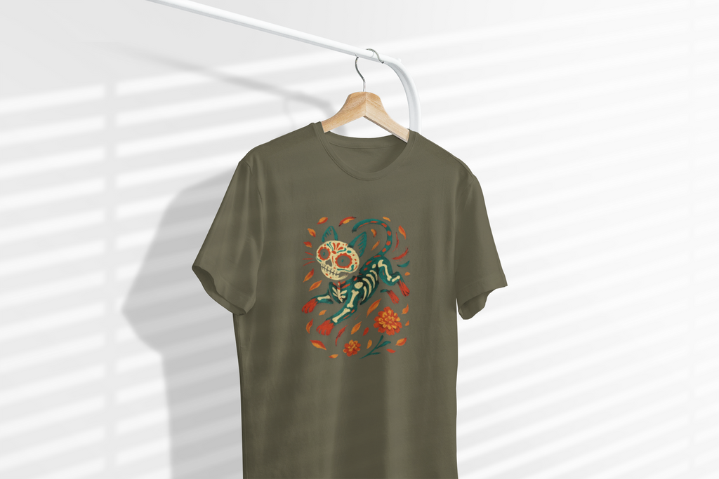 Skeleton Cat Dia de los Muertos Halloween T-Shirt