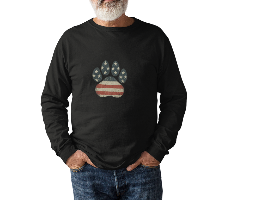 American Flag Paw Print Long Sleeve Tee — Patriotic Dog Lover Shirt