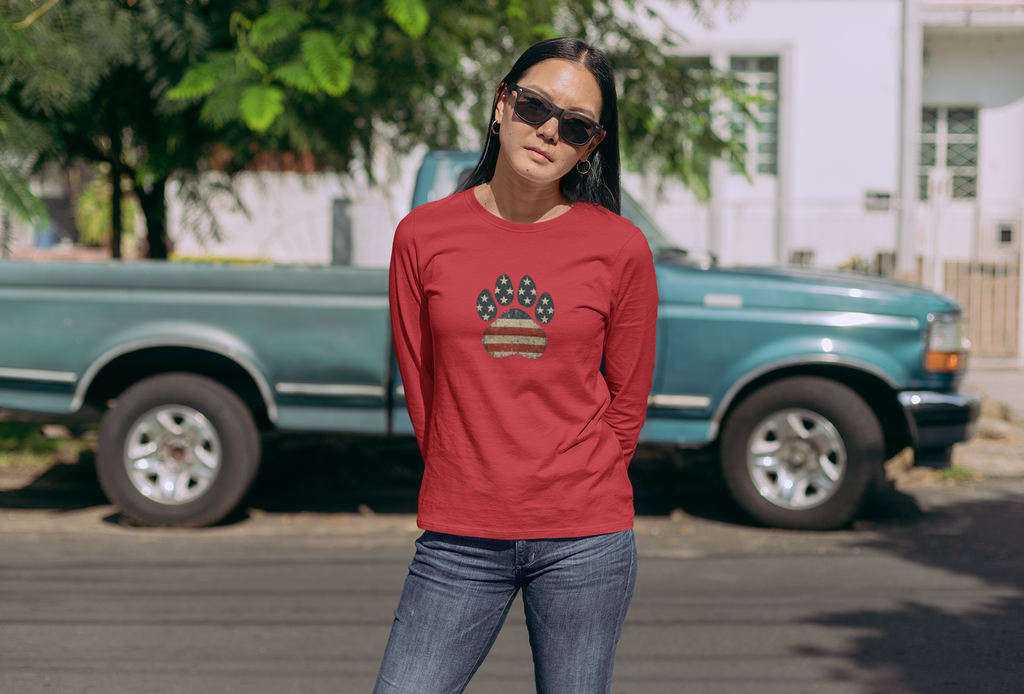 American Flag Paw Print Long Sleeve Tee — Patriotic Dog Lover Shirt