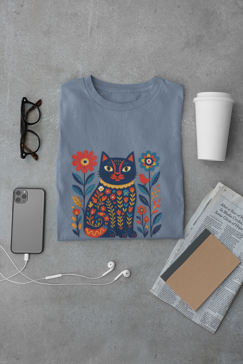 Folk Art Cat Tee — Colorful Floral Kitty Graphic T-Shirt