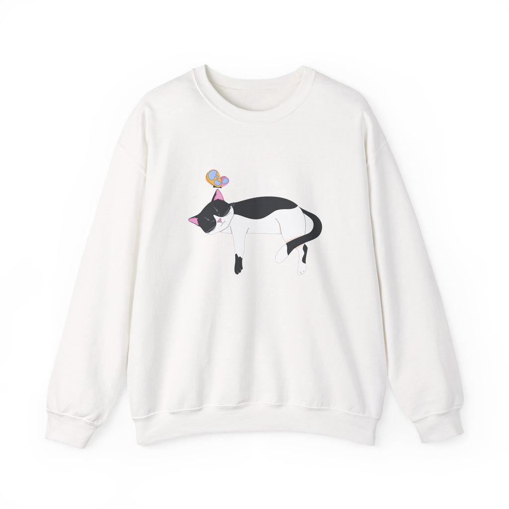 Cat Nap Crewneck Sweatshirt — Sleeping Black & White Cat with Balloons