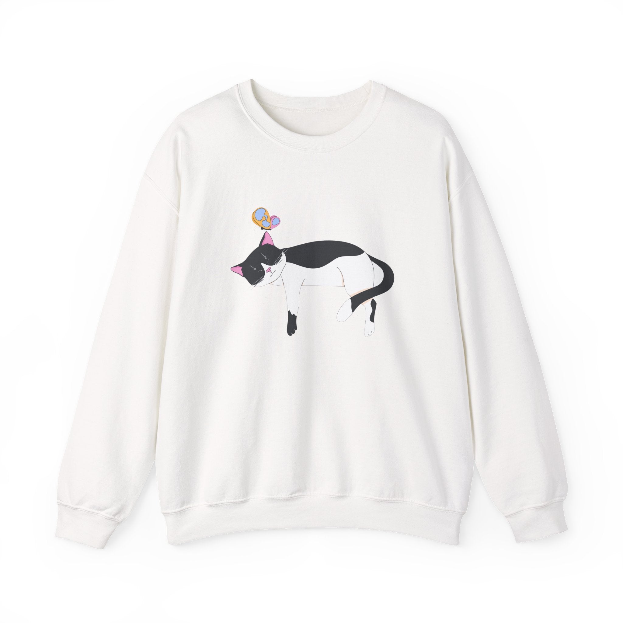 Cat Nap Crewneck Sweatshirt — Sleeping Black & White Cat with Balloons
