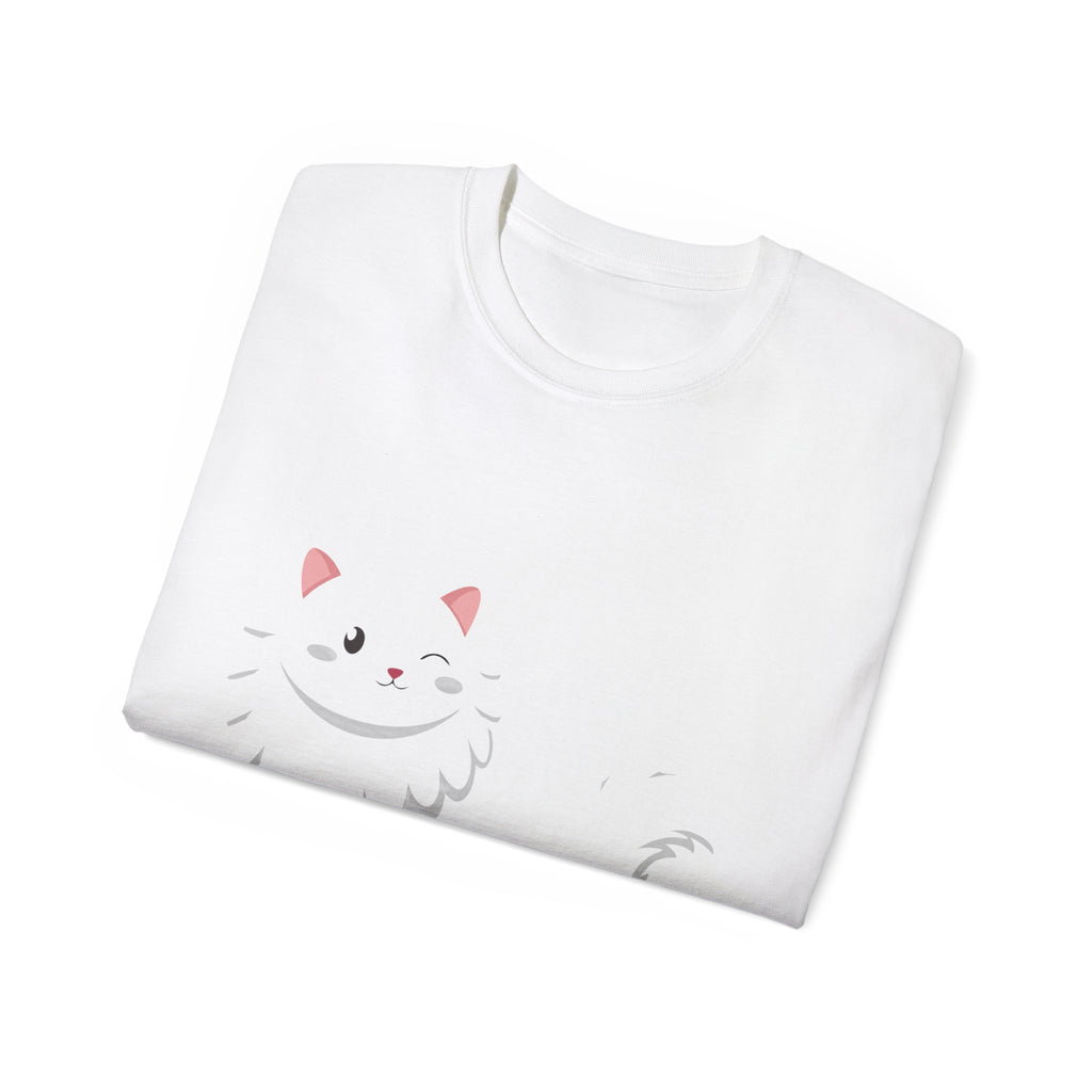 White Cat Graphic Tee — Cute Fluffy Cat Illustration T-Shirt