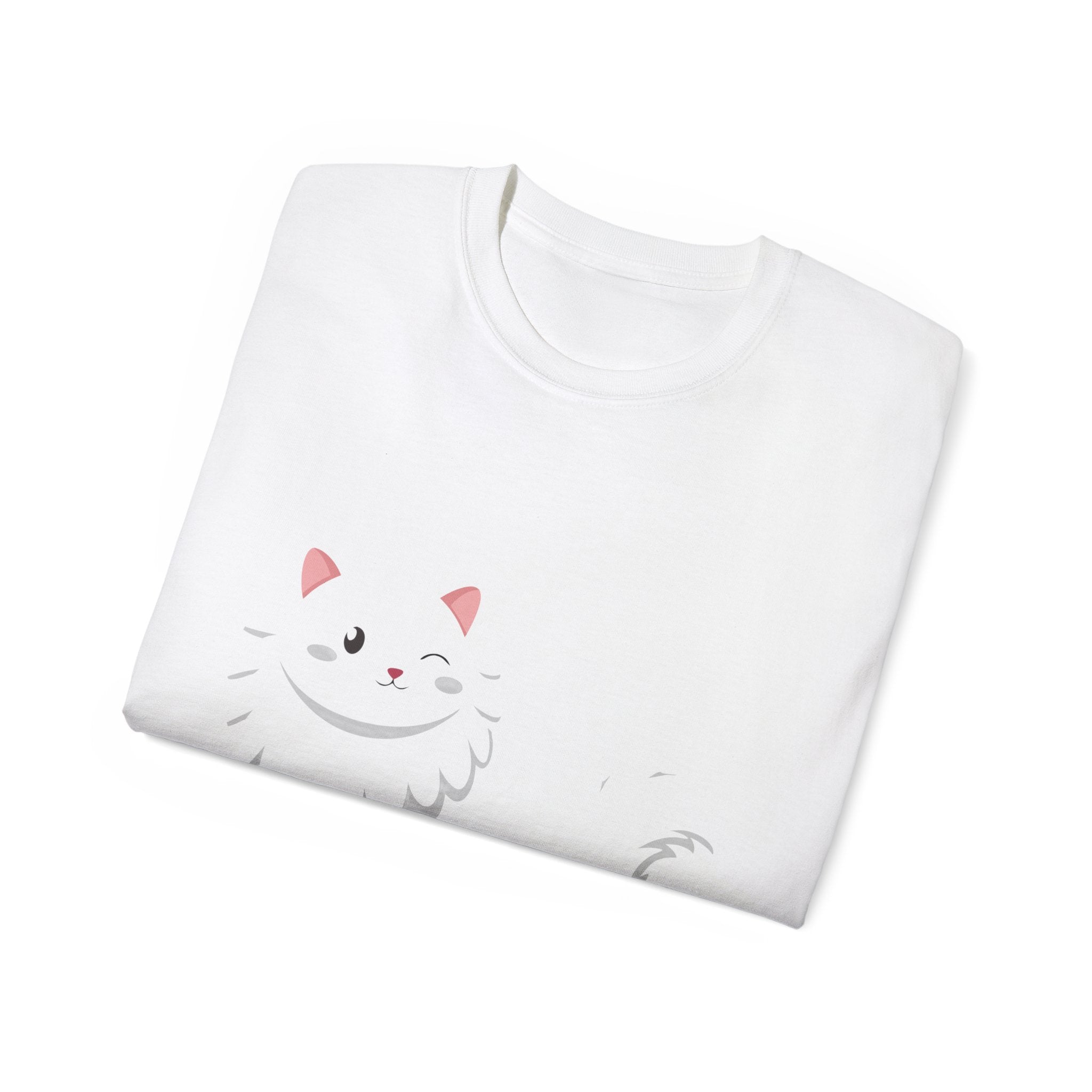 White Cat Graphic Tee — Cute Fluffy Cat Illustration T-Shirt