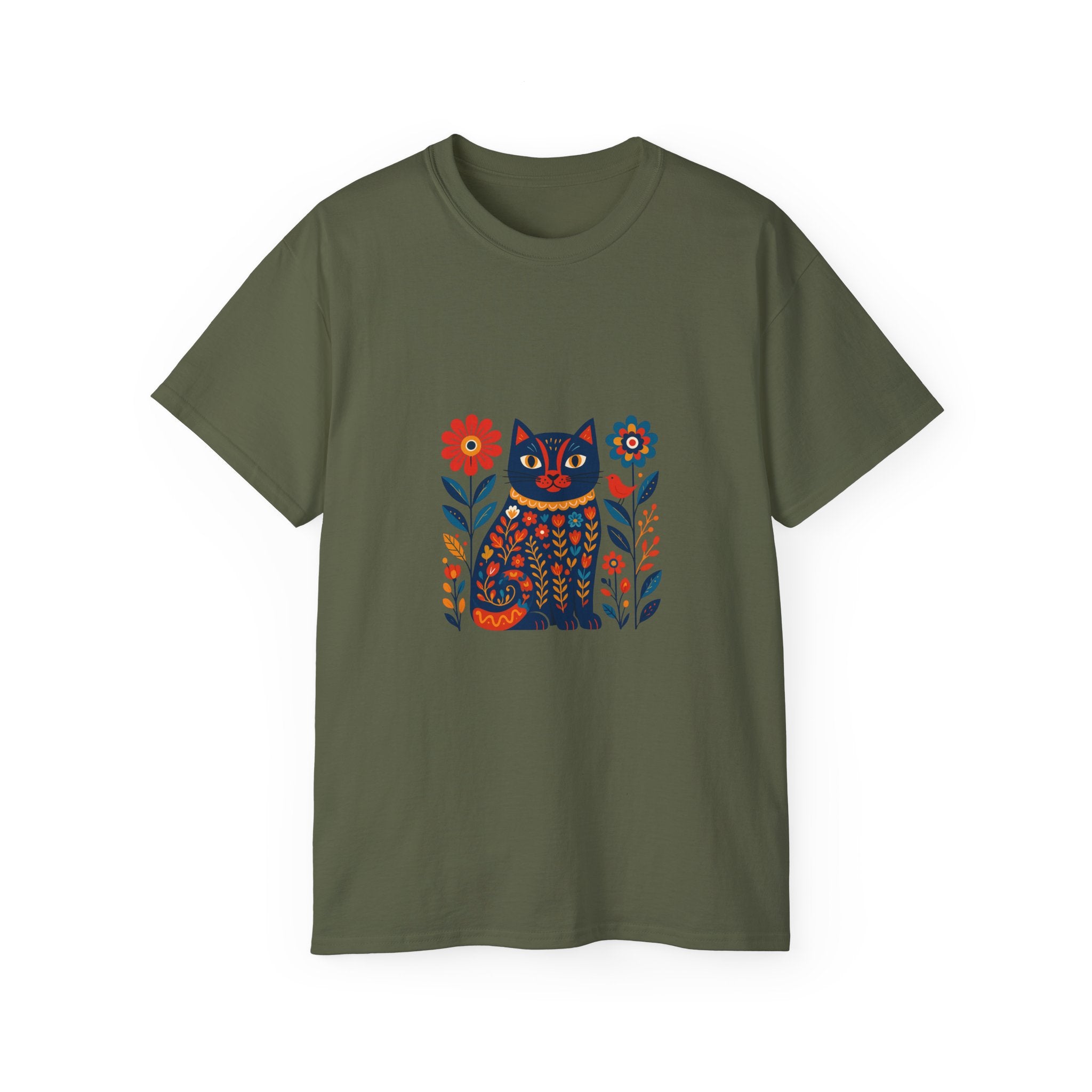 Folk Art Cat Tee — Colorful Floral Kitty Graphic T-Shirt