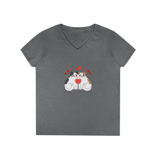 Cat Lover V-Neck T-Shirt – Two Cats & Heart Illustration, Cute Pet Mom Tee