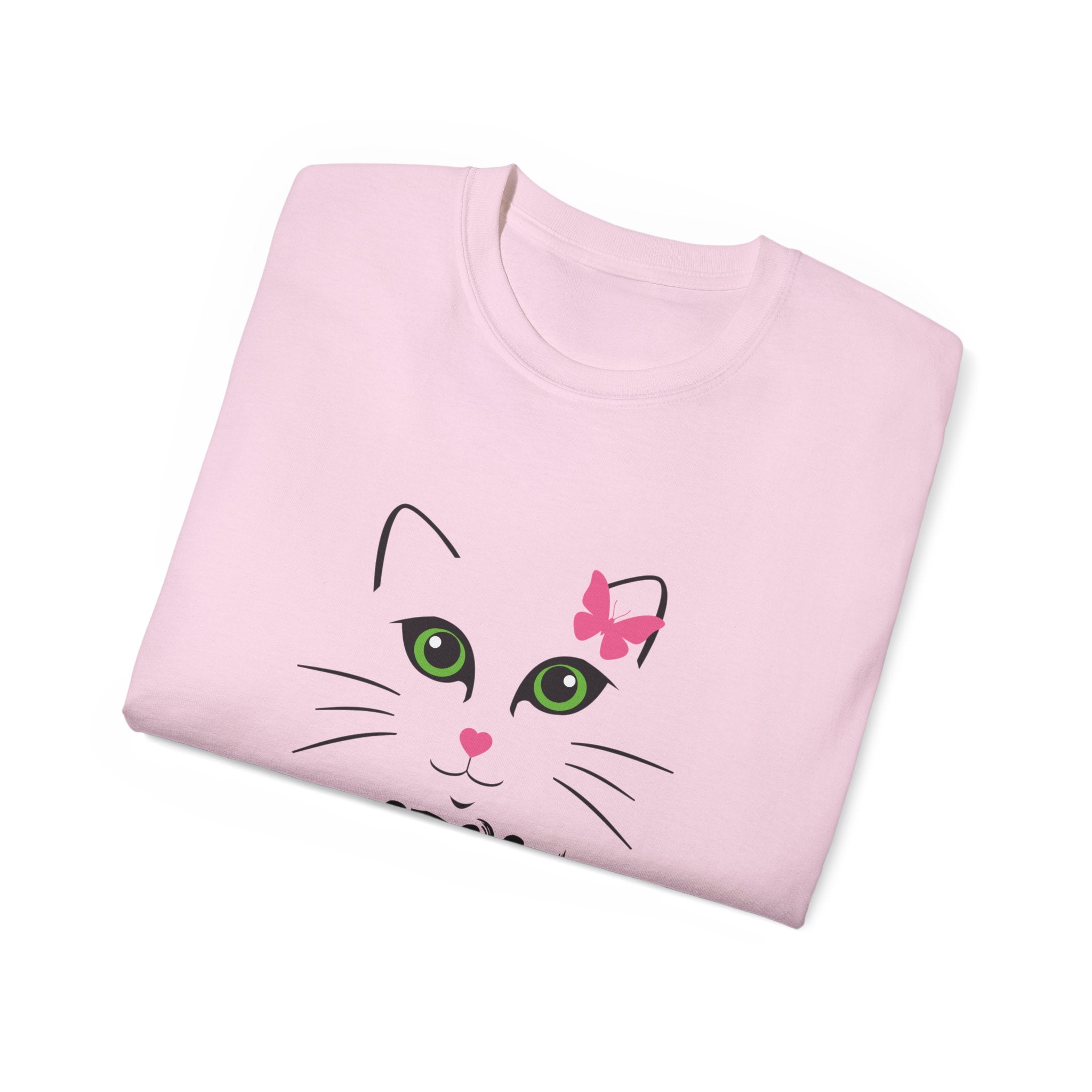 Meow Cat Face T-Shirt — Cute Kitty Graphic Tee with Pink Bow