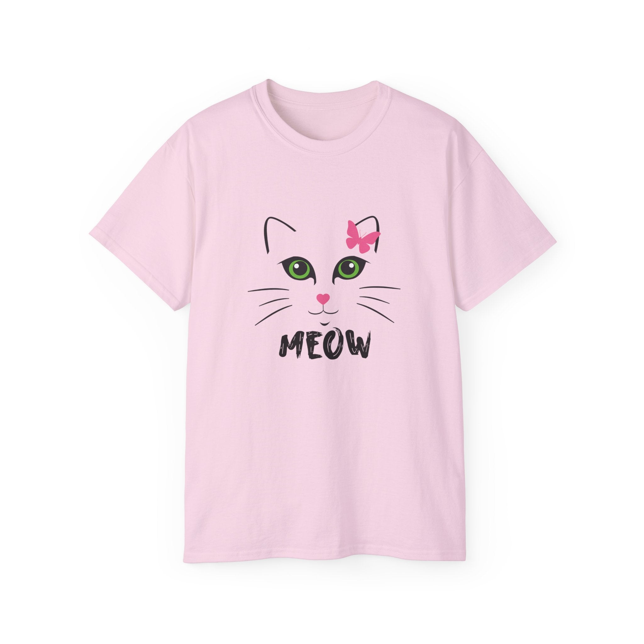 Meow Cat Face T-Shirt — Cute Kitty Graphic Tee with Pink Bow